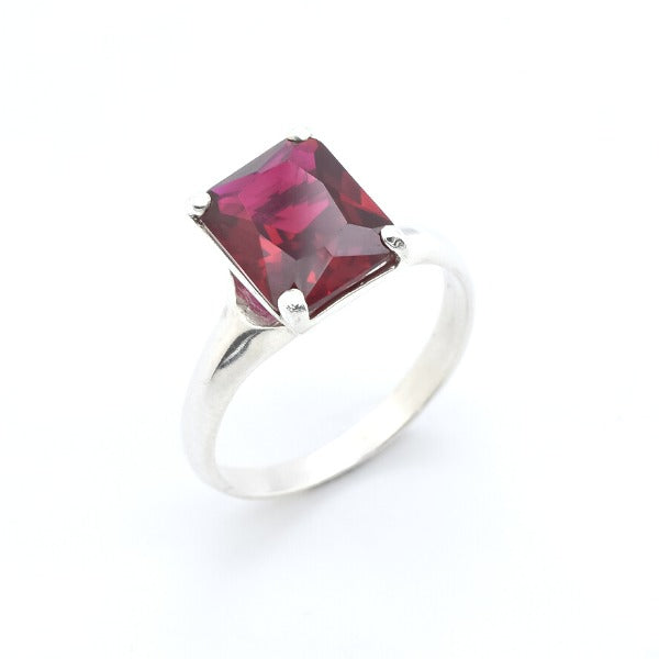 Created Ruby Ring made in 925 Sterling Silver with Baguette Created Red Ruby in Solitaire setting, July Birthstone gift idea, symbolizes nobility, purity, and passion, ideal for everyday wear and perfect for birthday gifting and special occasions.