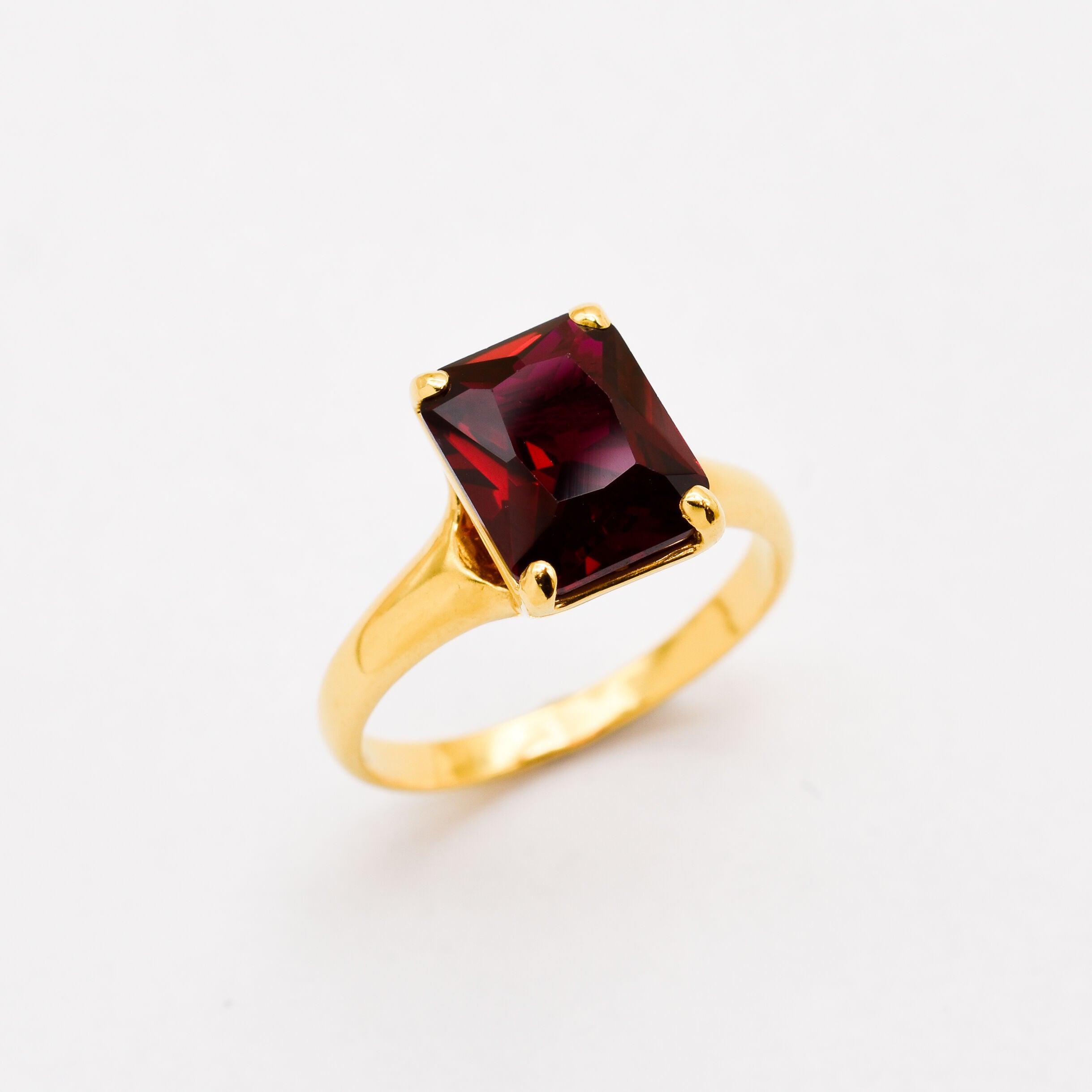Created Ruby Ring made in 18k Gold Vermeil with Baguette Created Red Ruby in Solitaire setting, July Birthstone gift idea, symbolizes nobility, purity, and passion, ideal for everyday wear and perfect for birthday gifting and special occasions.