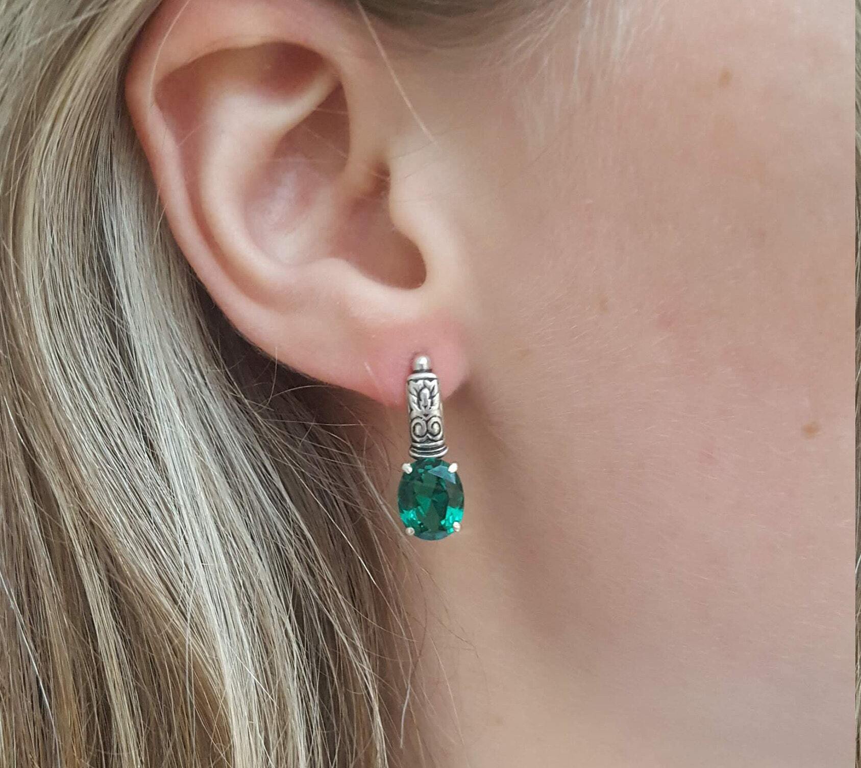 Elegant Emerald Earrings in 925 Sterling Silver, featuring a stunning Oval Created Green Emerald, perfect for gifts and everyday wear.