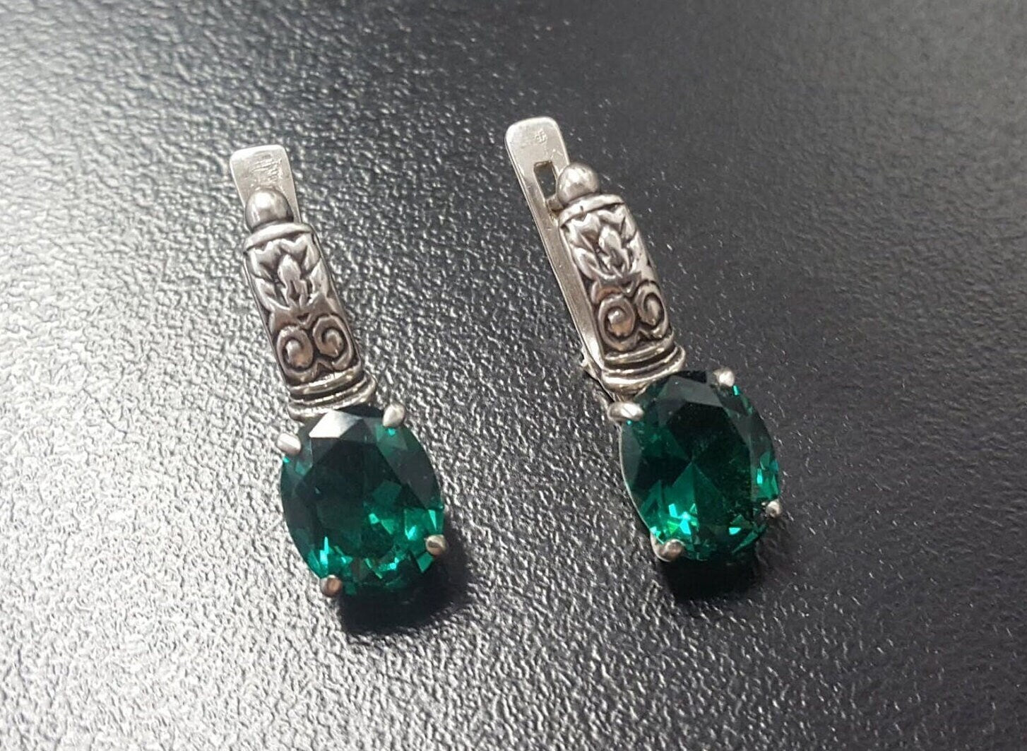Created Emerald Earrings made in 925 Sterling Silver with Oval Created Green Emerald in Prong setting, May Birthstone gift idea, symbolizes, ideal for everyday wear and perfect for birthday gifting and special occasions.