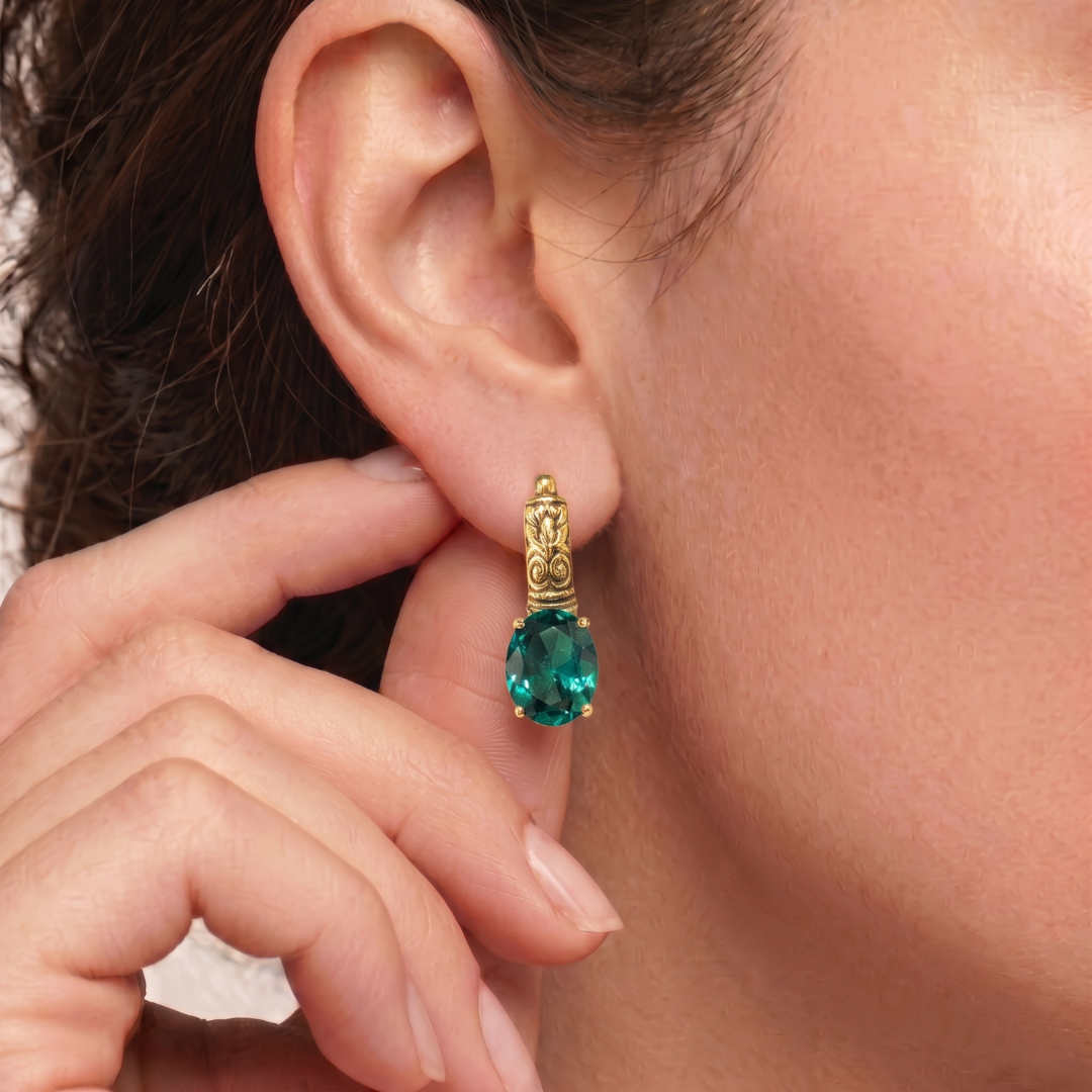Oval Created Green Emerald Earrings in 18k Gold Vermeil, perfect May Birthstone gift for everyday style and special occasions.