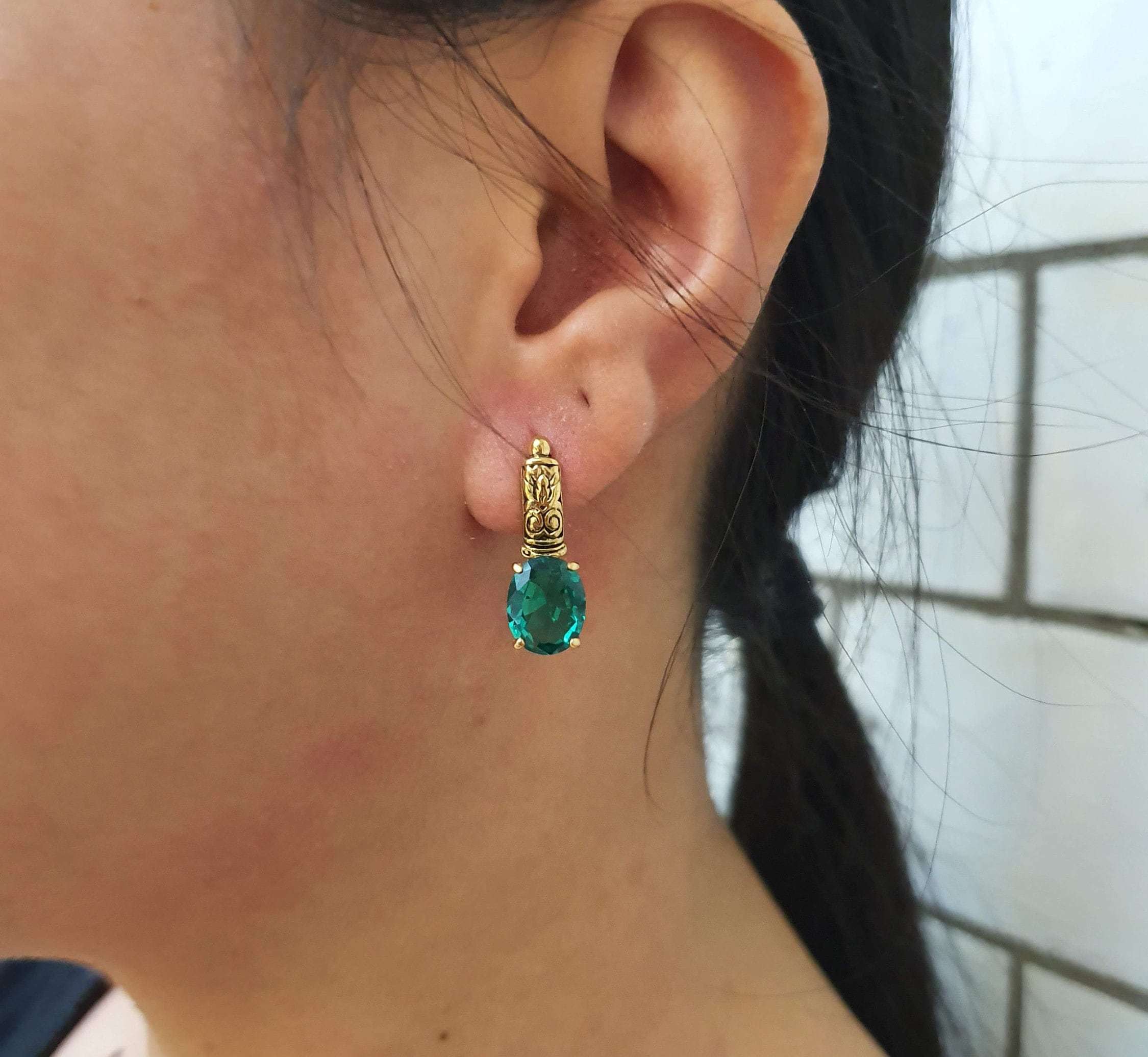 Oval Created Green Emerald Earrings in 18k Gold Vermeil, perfect May Birthstone gift for everyday style and special occasions.