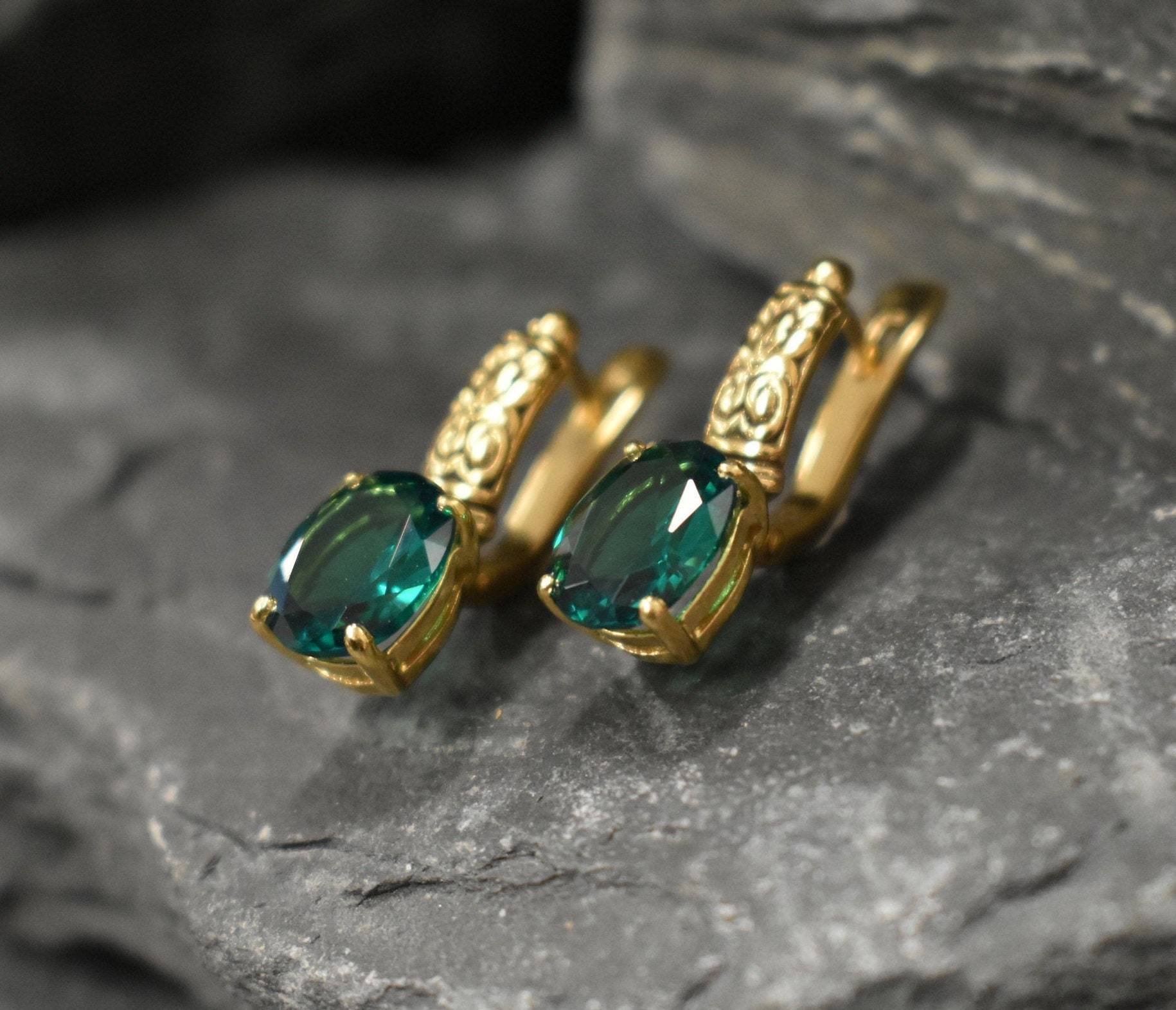 Created Emerald Earrings made in 18k Gold Vermeil with Oval Created Green Emerald in Prong setting, May Birthstone gift idea, symbolizes, ideal for everyday wear and perfect for birthday gifting and special occasions.
