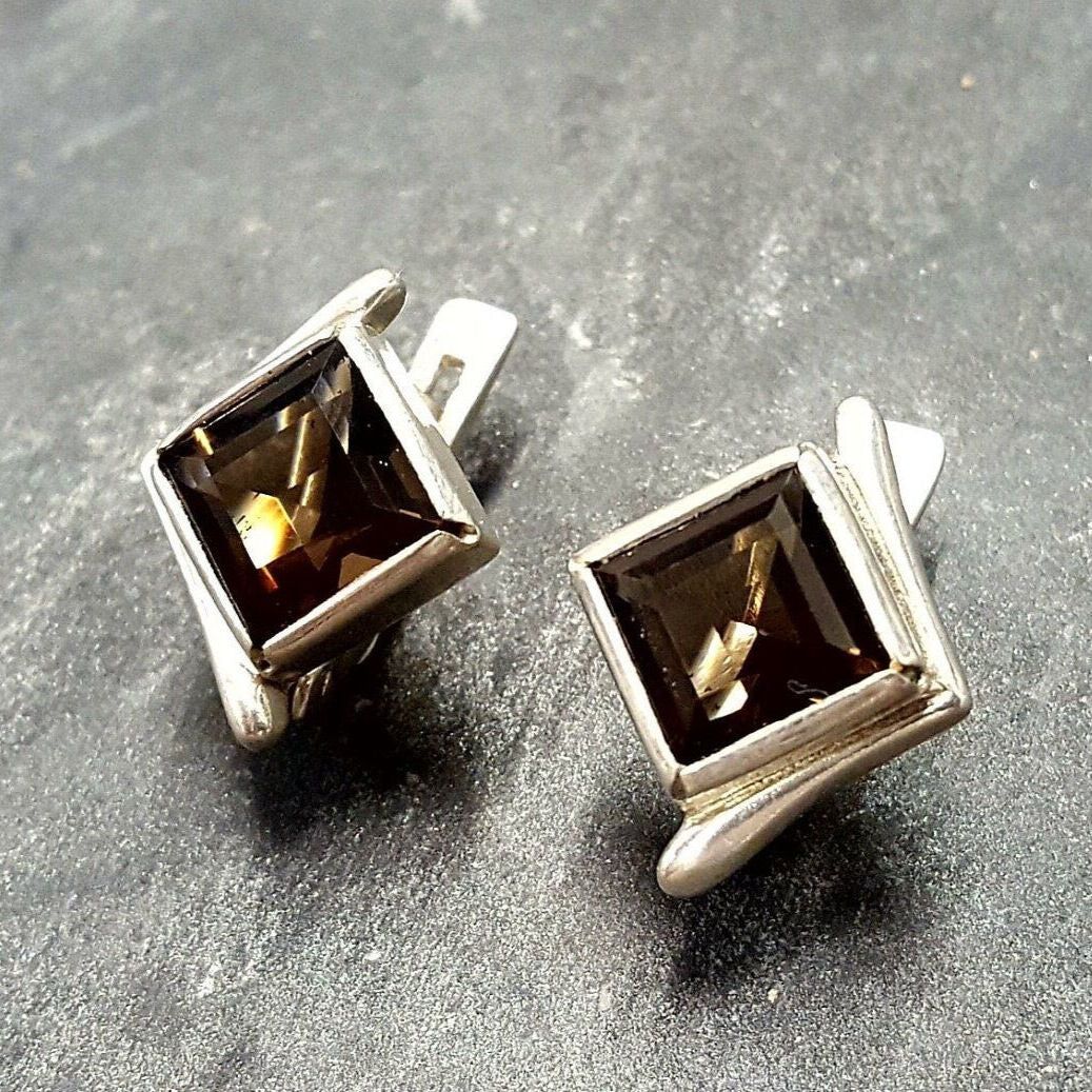 Smoky Topaz Earrings, Natural Smoky Topaz, December Birthstone, Square Earrings, Vintage Square Earring, Topaz Earrings, Silver Earrings
