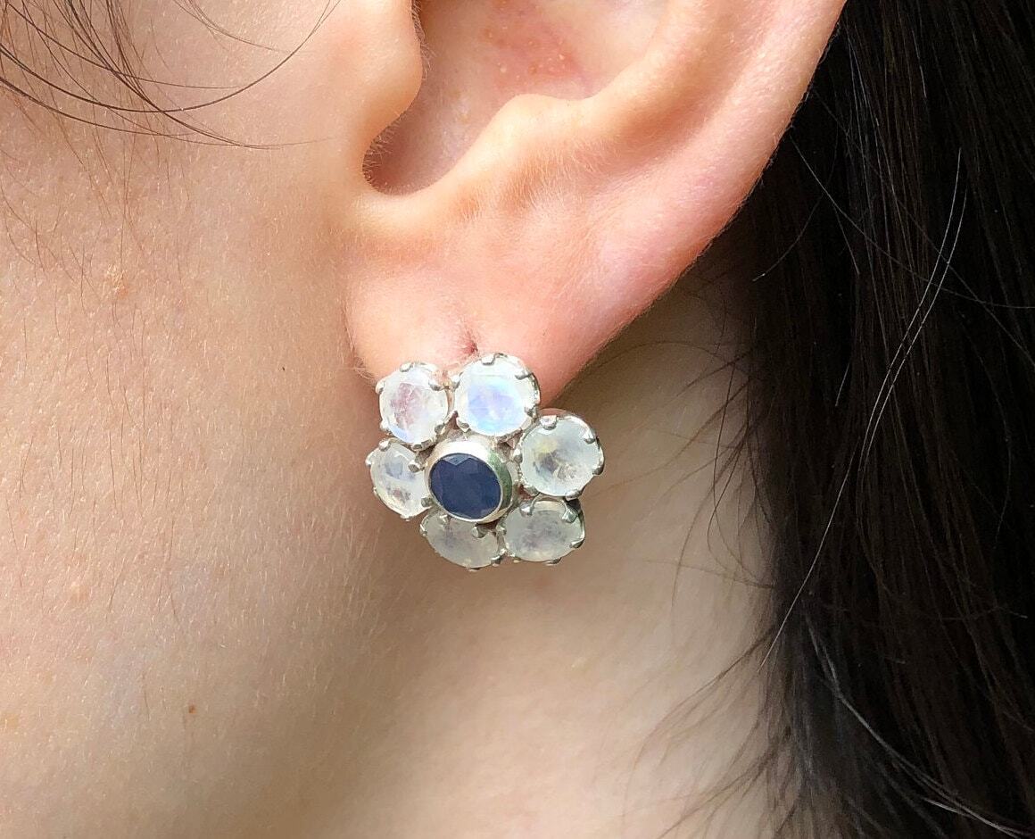 Natural Sapphire Earrings made in 925 Sterling Silver with Round Natural Blue Sapphire in Cluster setting, September Birthstone gift idea, symbolizes sincerity, truth, and faithfulness, ideal for everyday wear and perfect for birthday gifting and special occasions.