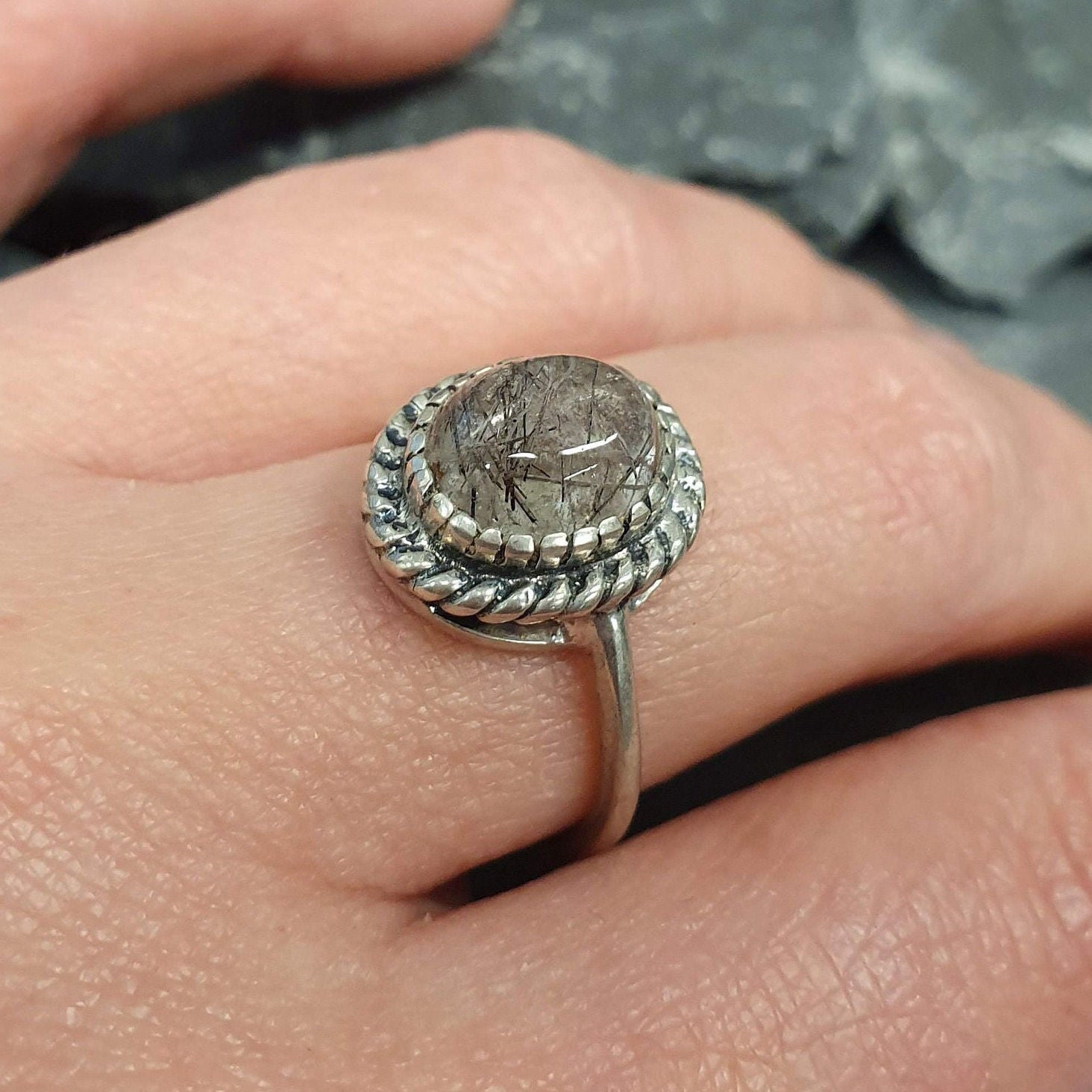 Rutilated Quartz Ring, Black Rutilated Quartz, Natural Quartz Ring, Vintage Rings, Leo Birthstone, Unique Rings, Solid Silver Ring,