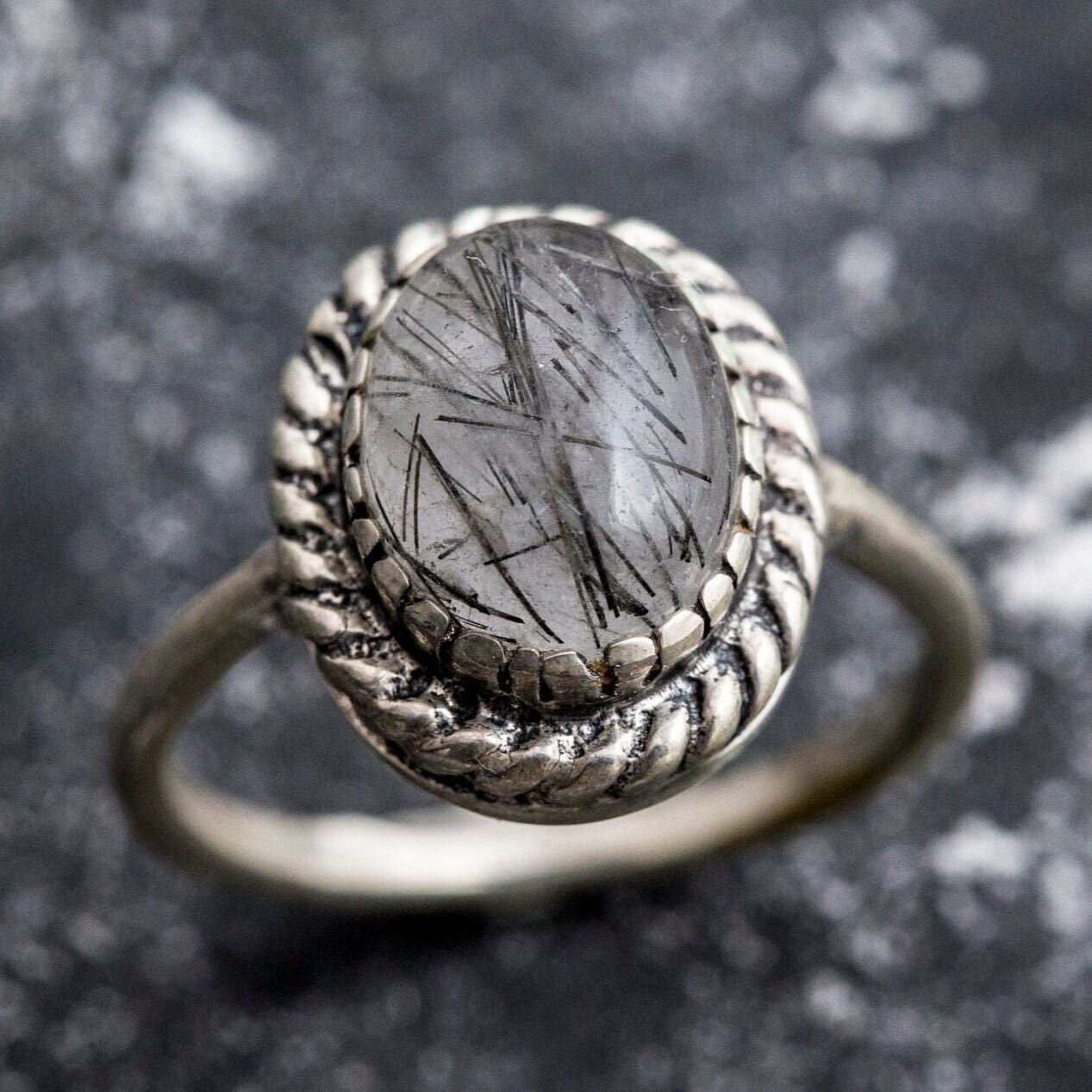 Rutilated Quartz Ring, Black Rutilated Quartz, Natural Quartz Ring, Vintage Rings, Leo Birthstone, Unique Rings, Solid Silver Ring,