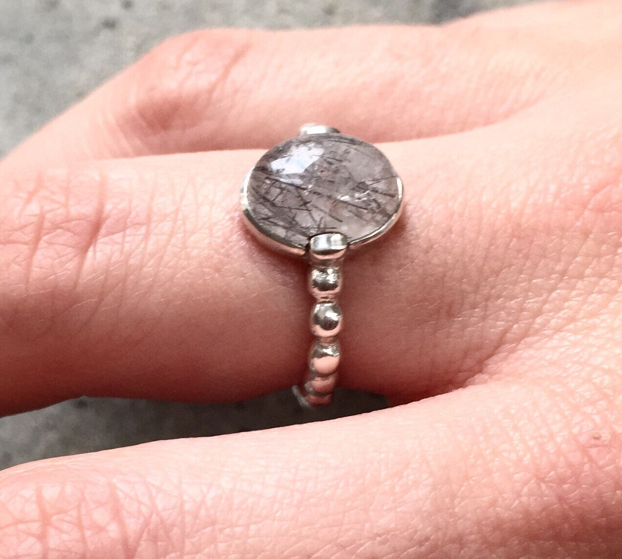 Rutilated Quartz Ring, Black Rutilated Quartz, Pandora Band, Stackable Ring, Solid Silver Ring, Sterling Silver Ring, Rutilated Quartz