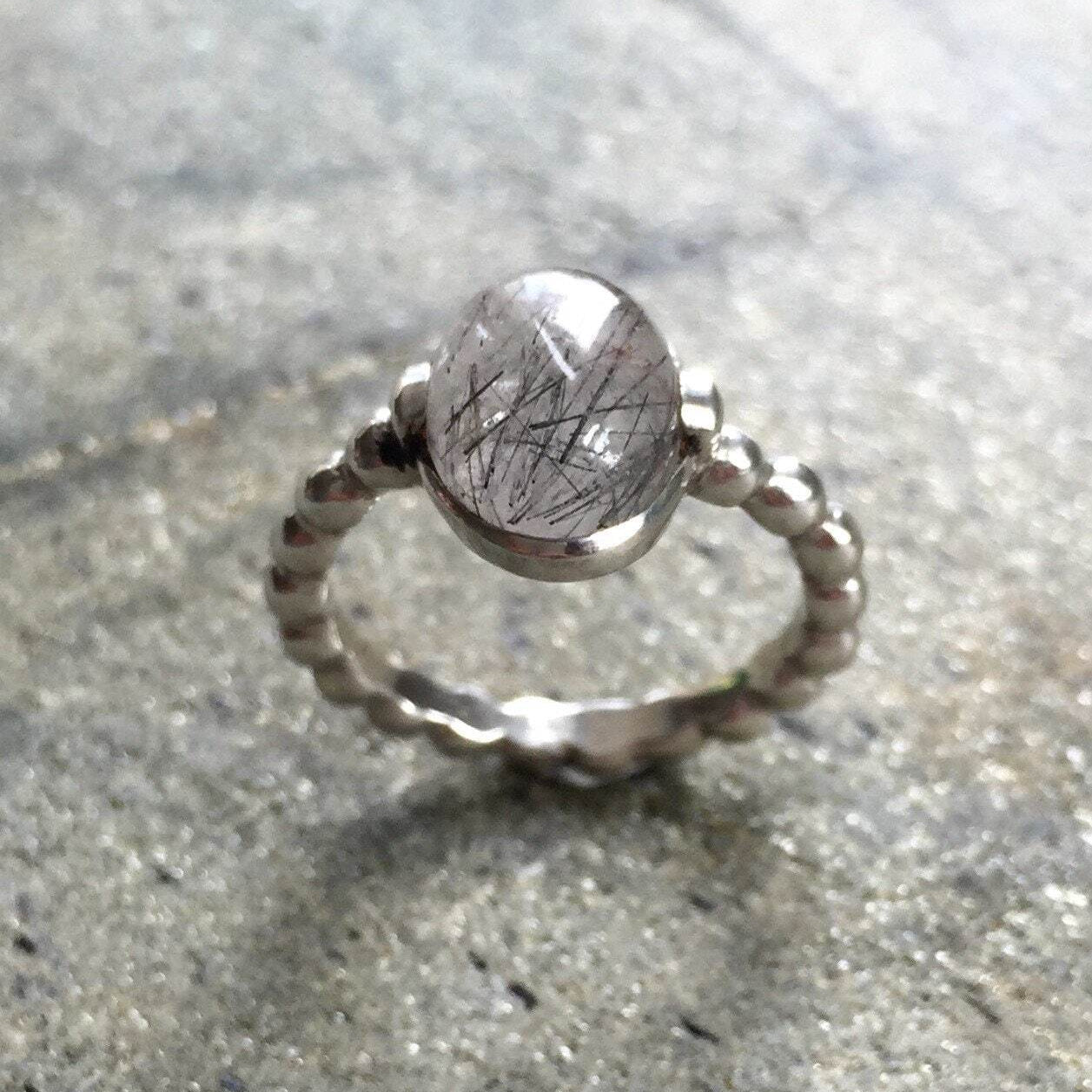 Rutilated Quartz Ring, Black Rutilated Quartz, Pandora Band, Stackable Ring, Solid Silver Ring, Sterling Silver Ring, Rutilated Quartz