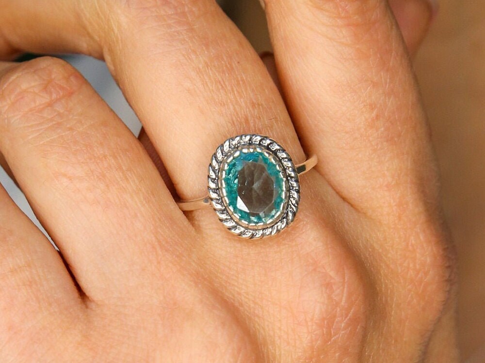Aquamarine Ring, Created Aquamarine, Blue Diamond Ring, Solitaire Ring, Vintage Ring, Blue Ring, Dainty Ring, 925 Silver Ring, Aquamarine