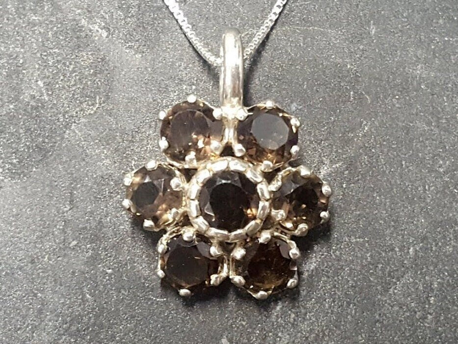 Flower Pendant, Smoky Topaz Pendant, Natural Smoky Topaz, Daisy Pendant, Scorpio Birthstone, Vintage Pendant, Topaz Pendant, Silver Pendant