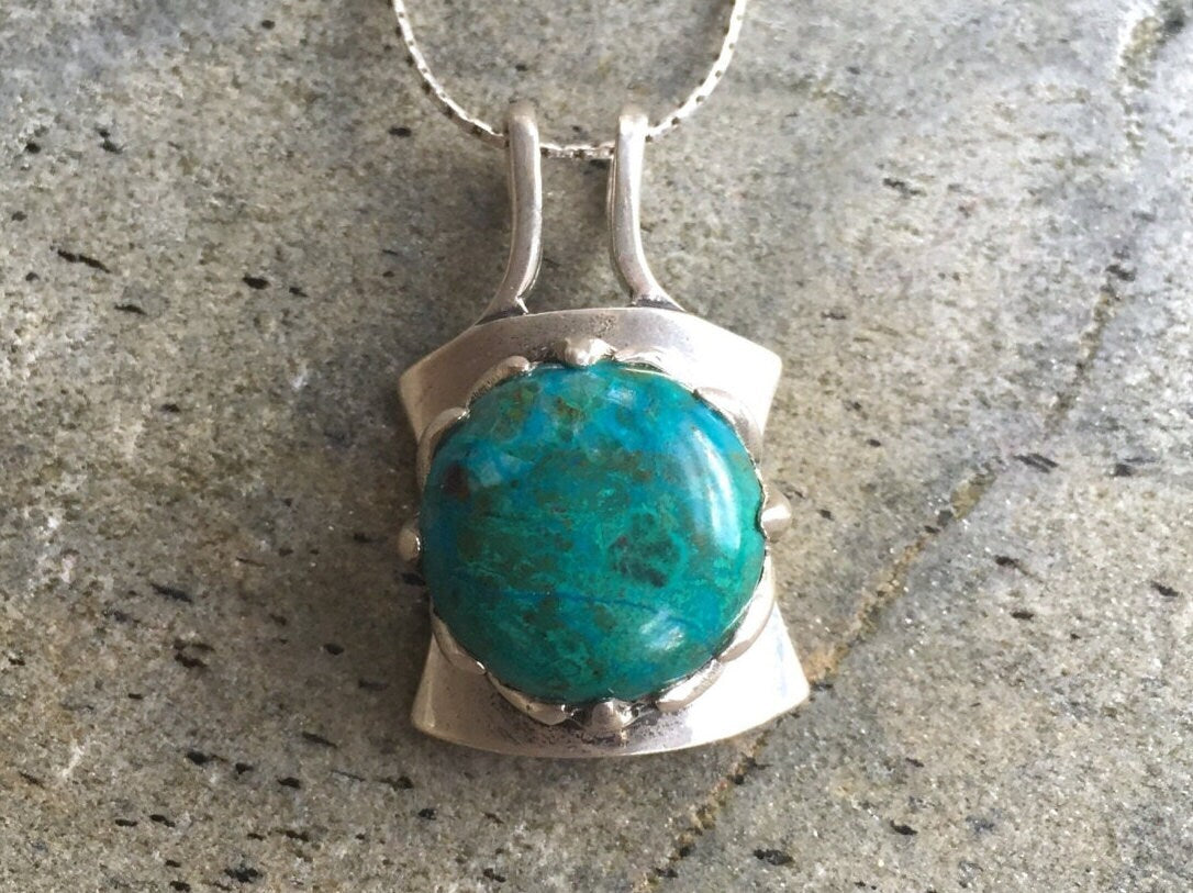 Chrysocolla Pendant, Natural Chrysocolla, Sagittarius Birthstone, Round Pendant, Statement Pendant, Blue Stone Pendant, 925 Silver Pendant