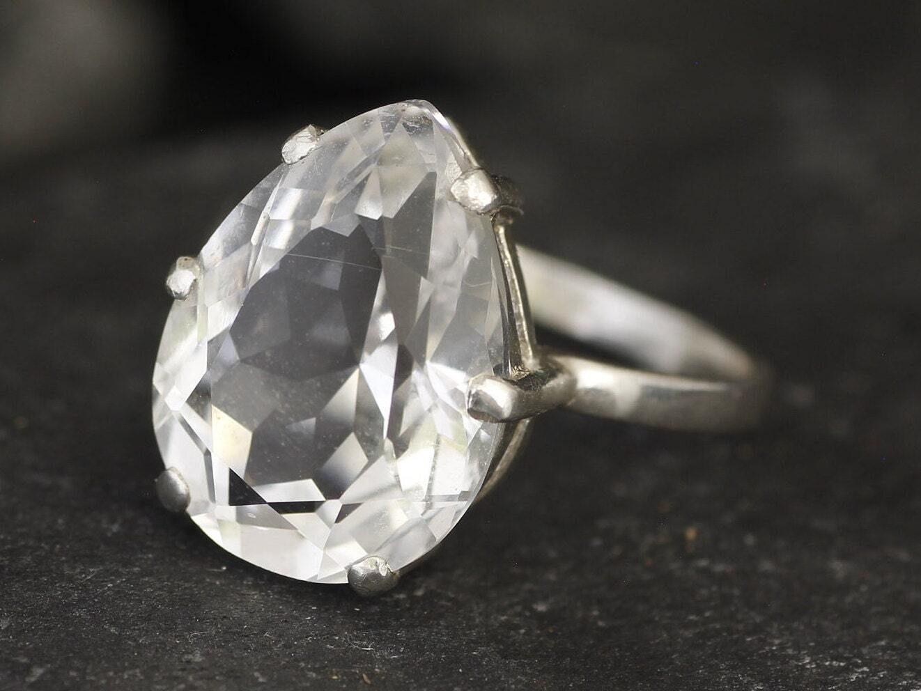 Teardrop Ring, Natural White Topaz, Large Pear Ring, White Topaz Ring, December Birthstone, Statement Ring, Tear Diamond Ring, Silver Ring