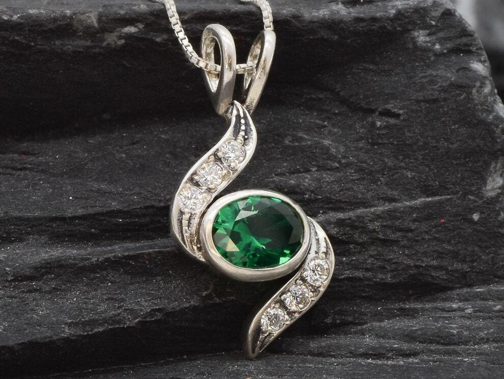 Elegant 925 Sterling Silver Emerald Pendant featuring an Oval Created Green Emerald, perfect for May birthdays and special occasions.