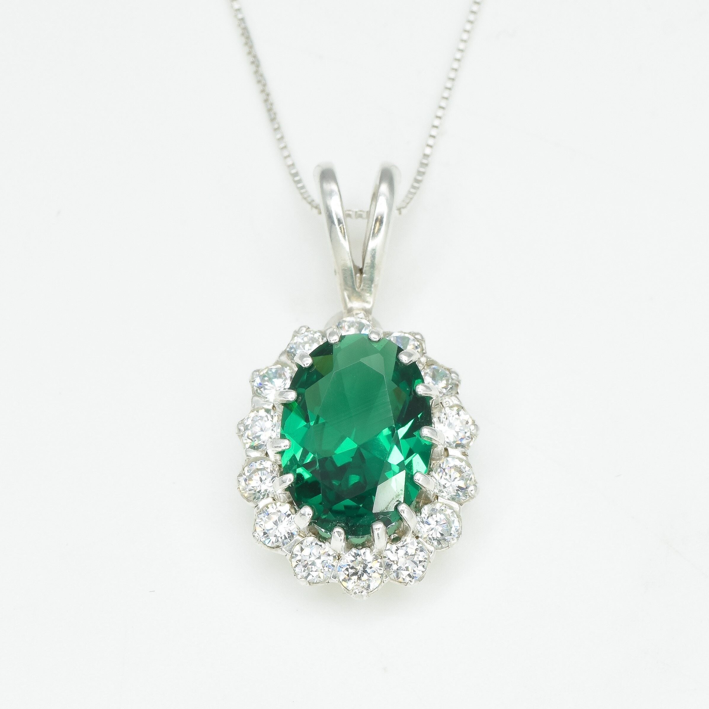 Created Emerald Pendant made in 925 Sterling Silver with Oval Created Green Emerald in Halo setting, May Birthstone gift idea, symbolizes, ideal for everyday wear and perfect for birthday gifting and special occasions.