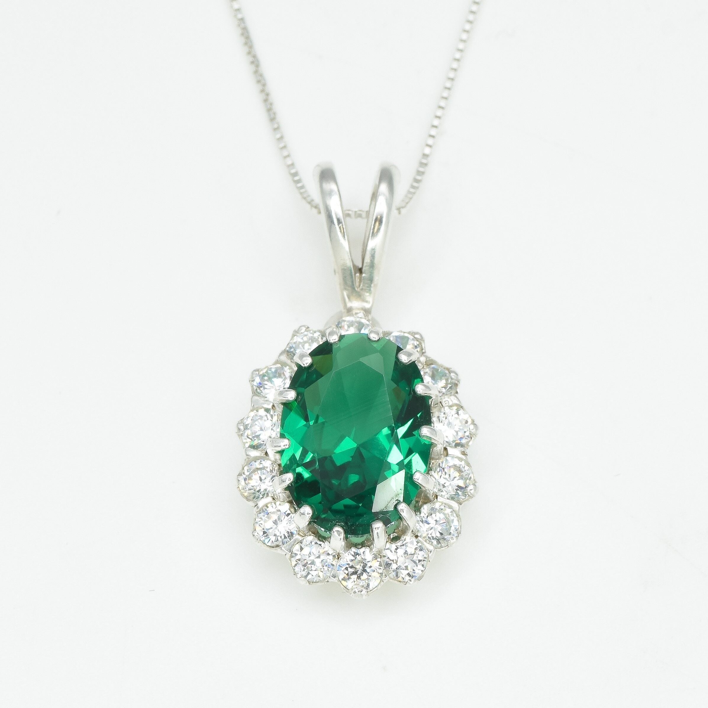 Emerald Pendant, Princess Di Pendant, Vintage Pendants, Created Emerald Pendant, CZ Diamonds, Solid Silver Pendant, Green Pendant, Emerald