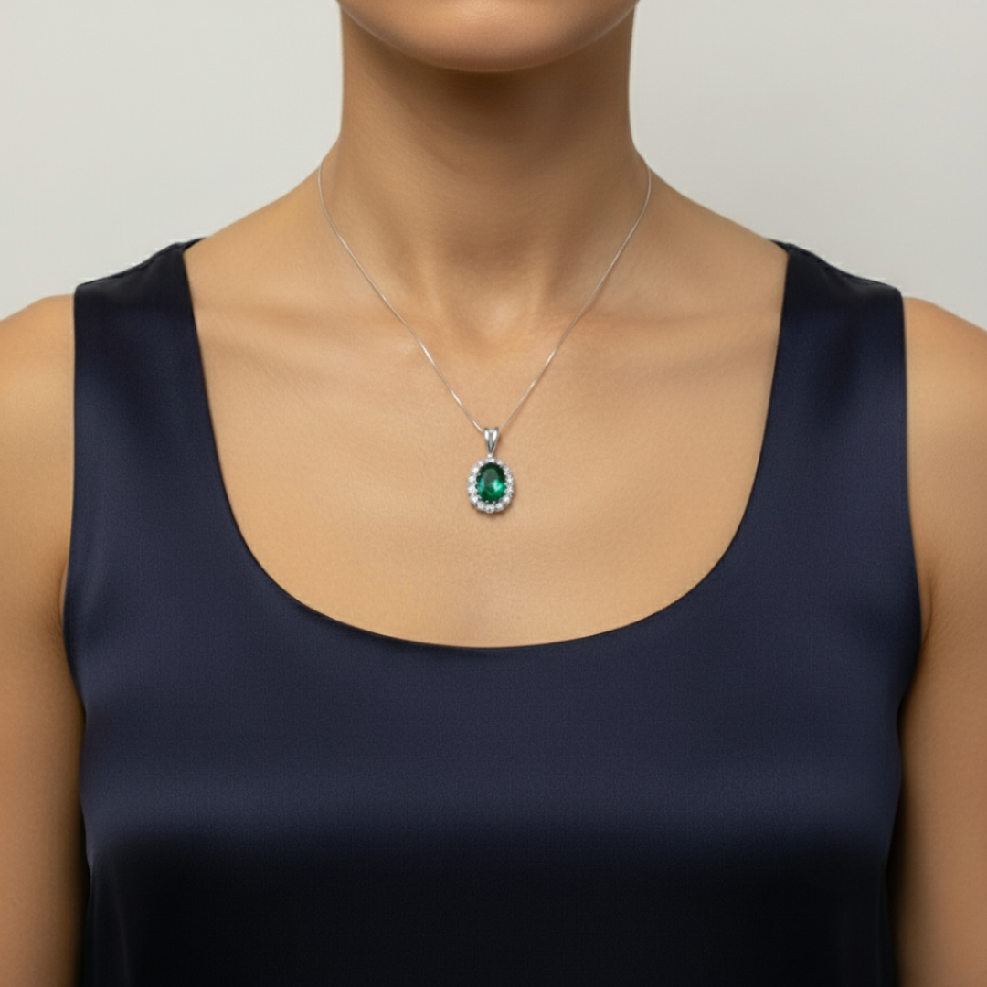 Charming 925 Sterling Silver Pendant with Oval Created Green Emerald, ideal for special moments and May birthday celebrations.
