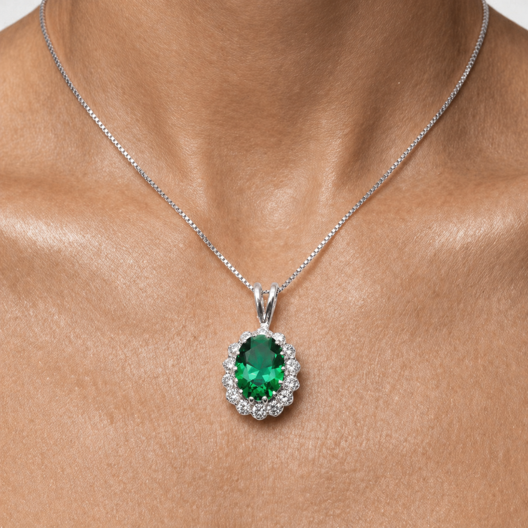 Elegant 925 Sterling Silver Emerald Pendant with Oval Created Green Emerald, perfect for birthdays and everyday elegance.
