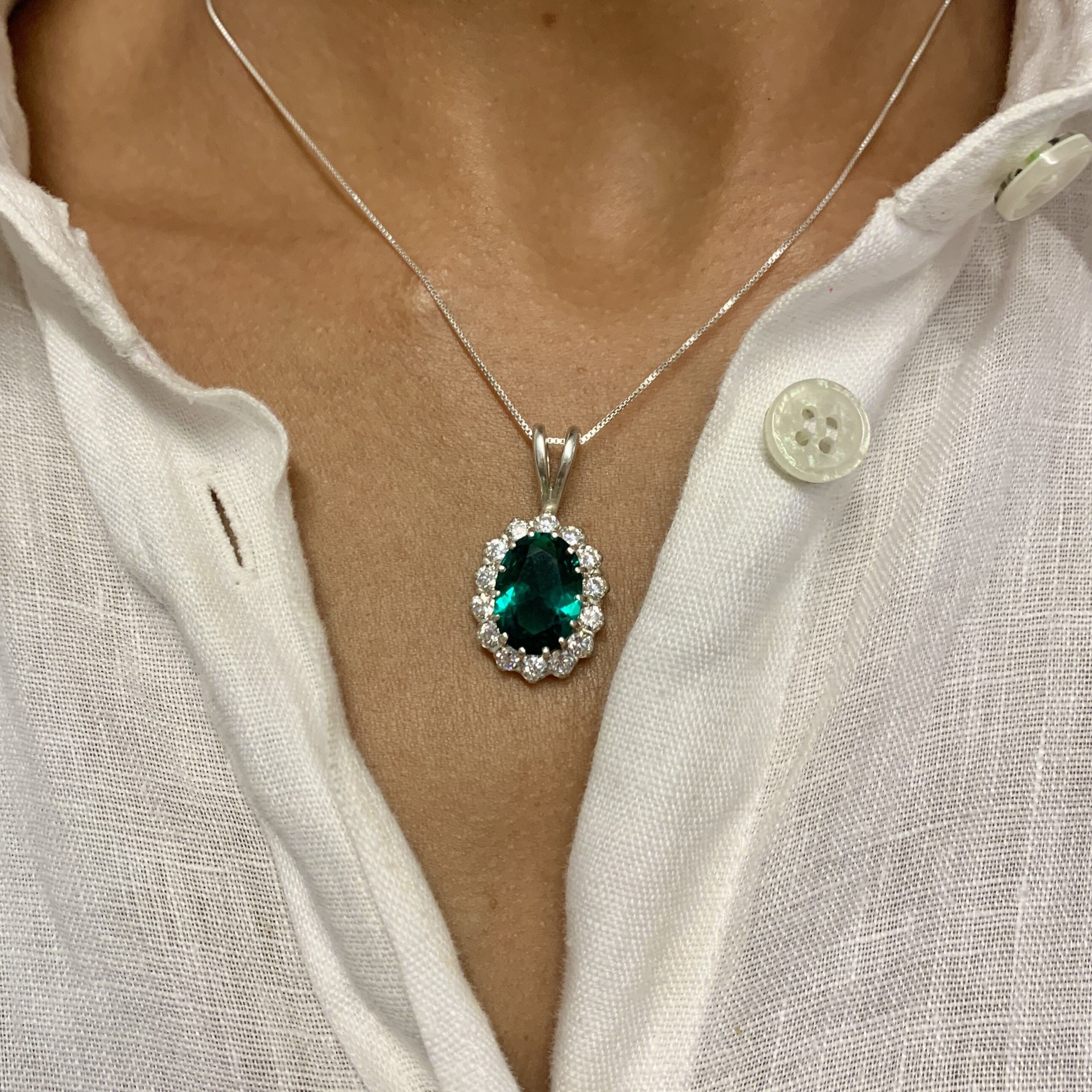 Emerald Pendant, Princess Di Pendant, Vintage Pendants, Created Emerald Pendant, CZ Diamonds, Solid Silver Pendant, Green Pendant, Emerald