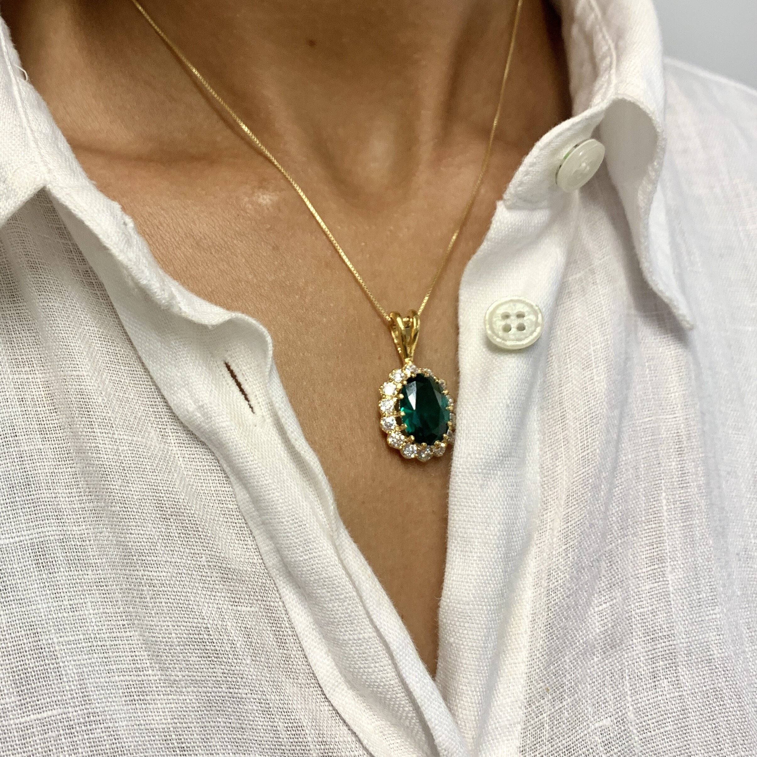 Emerald Pendant, Princess Di Pendant, Vintage Pendants, Created Emerald Pendant, CZ Diamonds, Solid Silver Pendant, Green Pendant, Emerald(1)