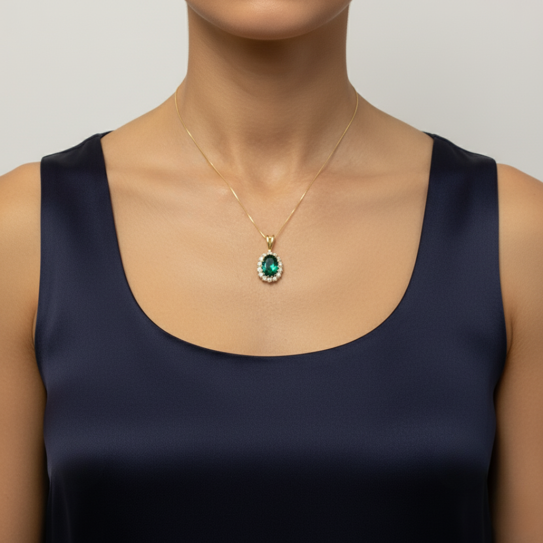 Exquisite halo setting pendant featuring a created green emerald in 18k gold vermeil, ideal for meaningful gifts and daily elegance.