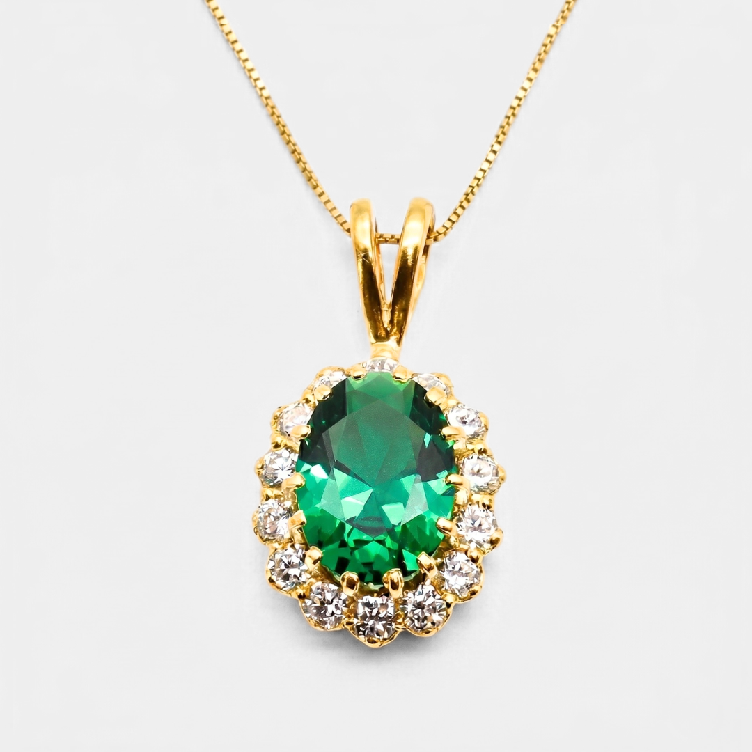 Created Emerald Pendant made in 18k Gold Vermeil with Oval Created Green Emerald in Halo setting, May Birthstone gift idea, symbolizes, ideal for everyday wear and perfect for birthday gifting and special occasions.