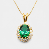 Created Emerald Pendant made in 18k Gold Vermeil with Oval Created Green Emerald in Halo setting, May Birthstone gift idea, symbolizes, ideal for everyday wear and perfect for birthday gifting and special occasions.