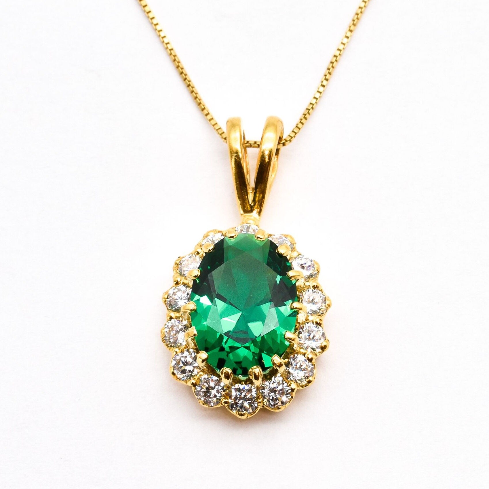 Created Emerald Pendant made in 18k Gold Vermeil with Oval Created Green Emerald in Halo setting, May Birthstone gift idea, symbolizes, ideal for everyday wear and perfect for birthday gifting and special occasions.