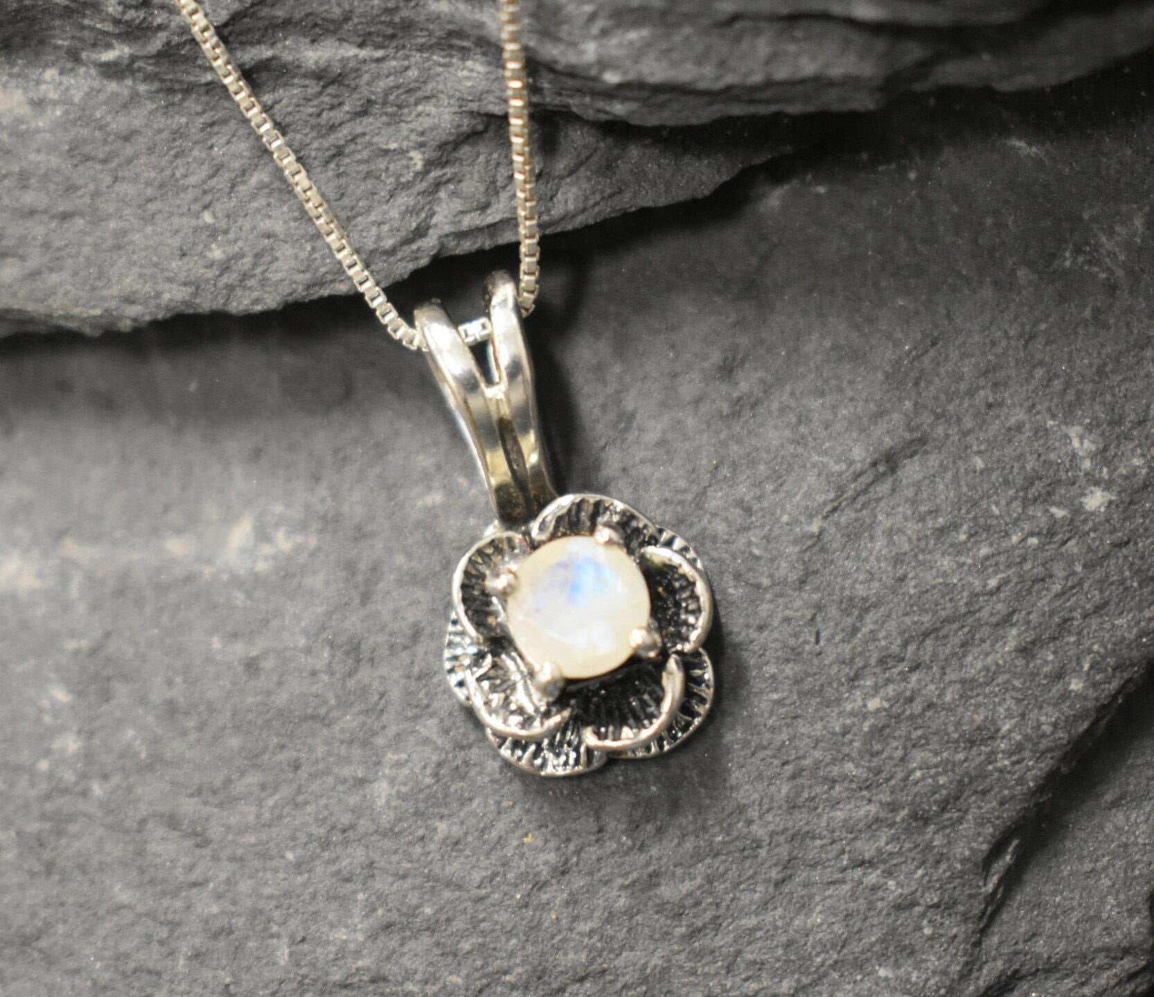 Moonstone Pendant, Natural Moonstone, June Birthstone, Vintage Flower Pendant, Silver Flower Pendant, Flower Pendant, Solid Silver Pendant