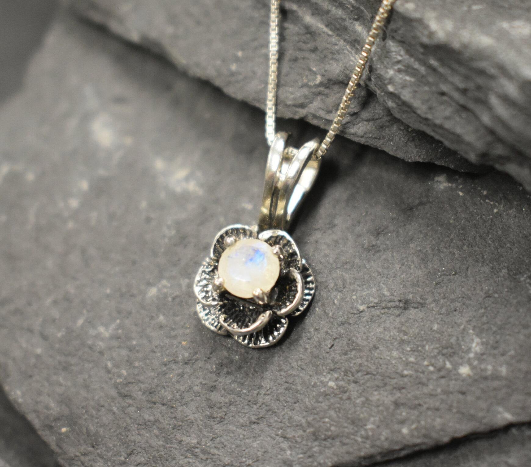 Moonstone Pendant, Natural Moonstone, June Birthstone, Vintage Flower Pendant, Silver Flower Pendant, Flower Pendant, Solid Silver Pendant