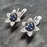 Genuine Sapphire Studs - Blue Flower Earrings - Vintage Drop Earrings