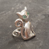 Silver Cat Ring - Natural Emerald Ring - Statement Cat Ring