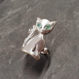 Silver Cat Ring - Natural Emerald Ring - Statement Cat Ring