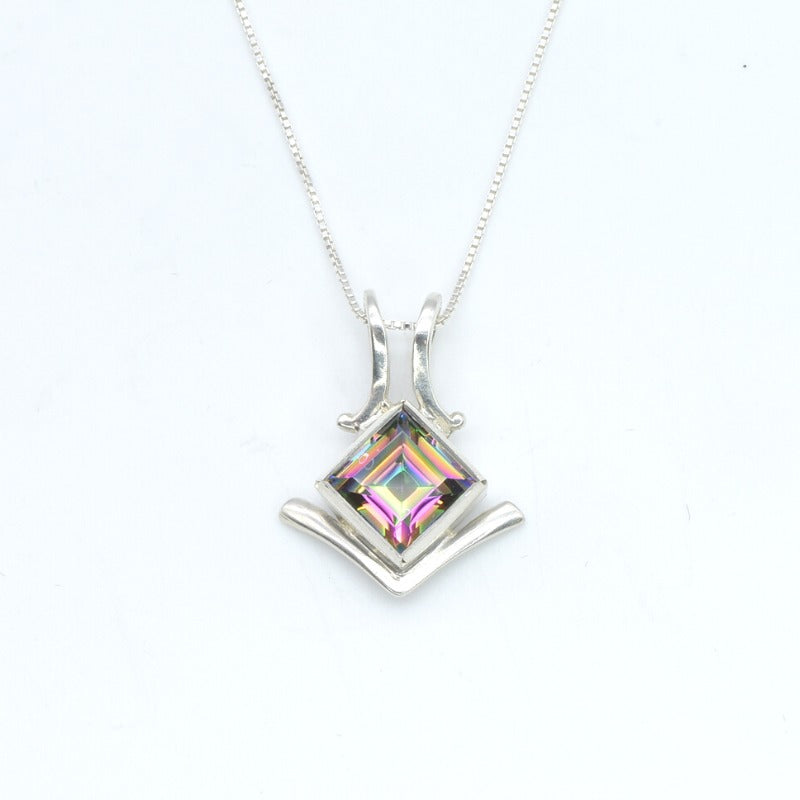 Mystic Topaz Pendant, Purple Stone Pendant, Rainbow Pendant, December Birthstone, Square Pendant, Dainty Pendant, Silver