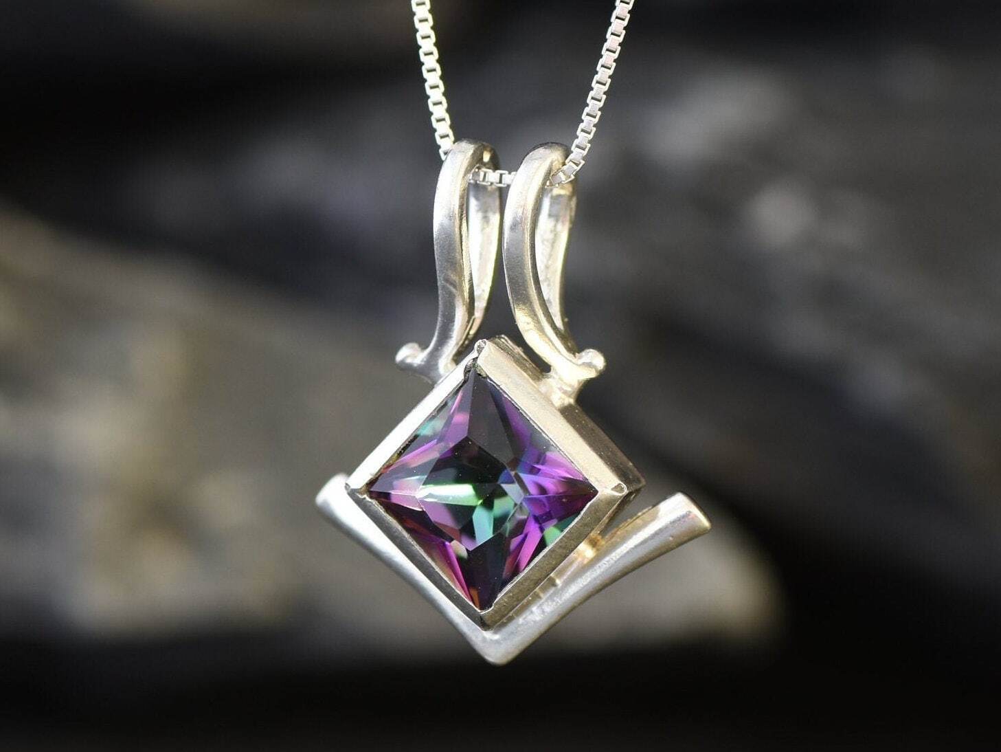 Mystic Topaz Pendant, Purple Stone Pendant, Rainbow Pendant, December Birthstone, Square Pendant, Dainty Pendant, Silver