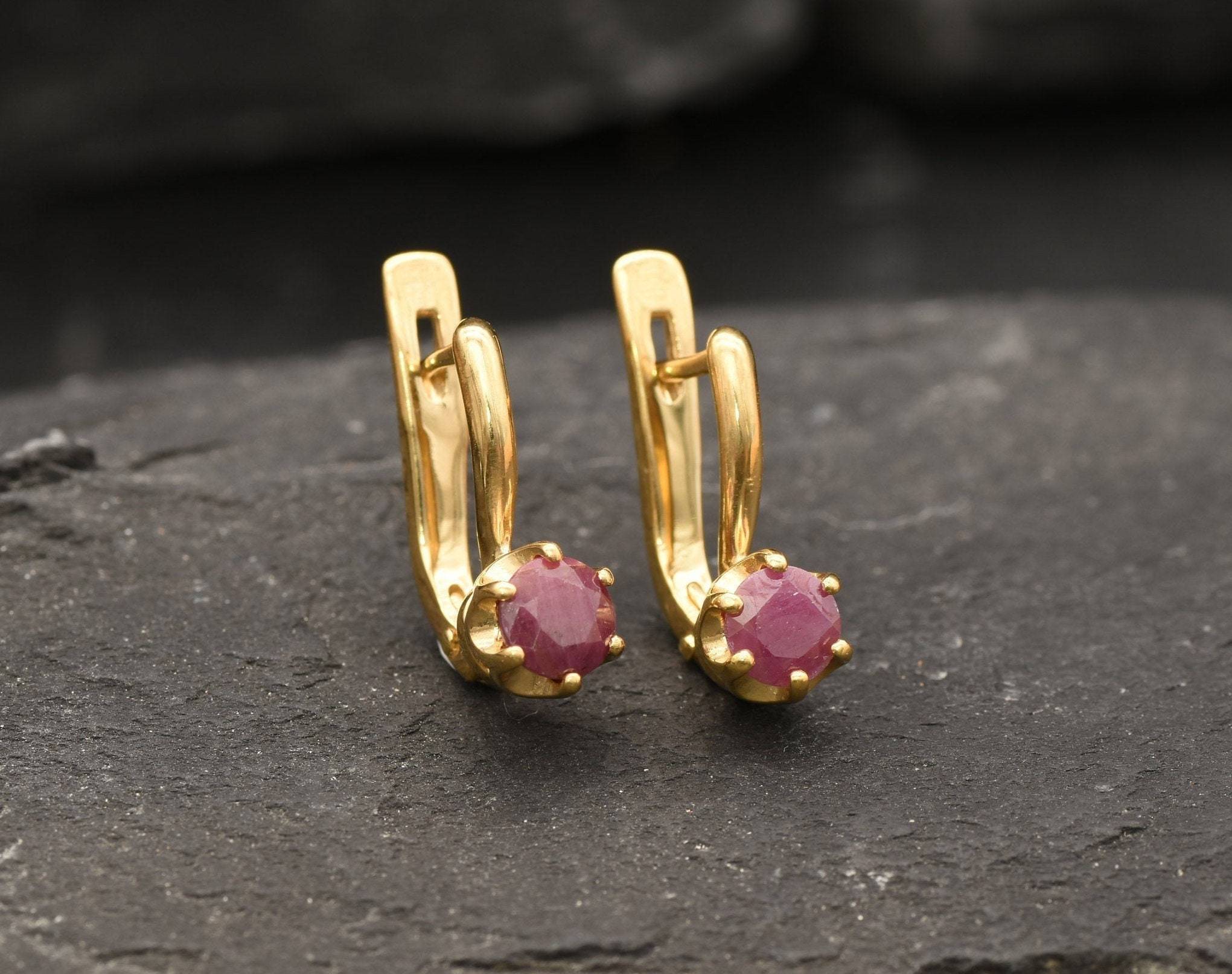 Genuine Ruby Earrings - Red Drop Earrings - Dainty Round Earrings
