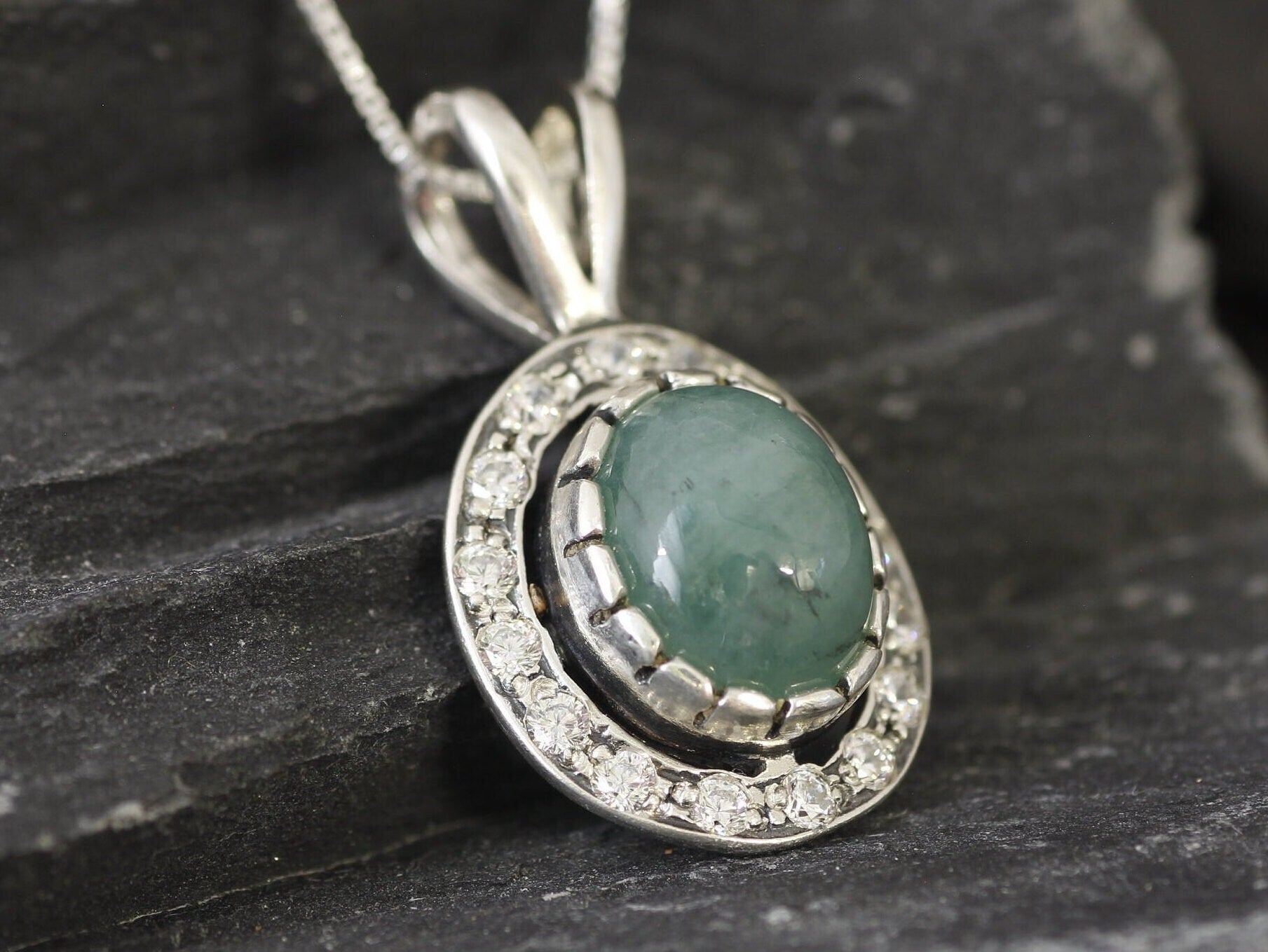 Antique Emerald Necklace, Natural Emerald, Real Emerald Pendant, May Birthstone, Vintage Pendant, Green Oval Pendant, Solid Silver Pendant