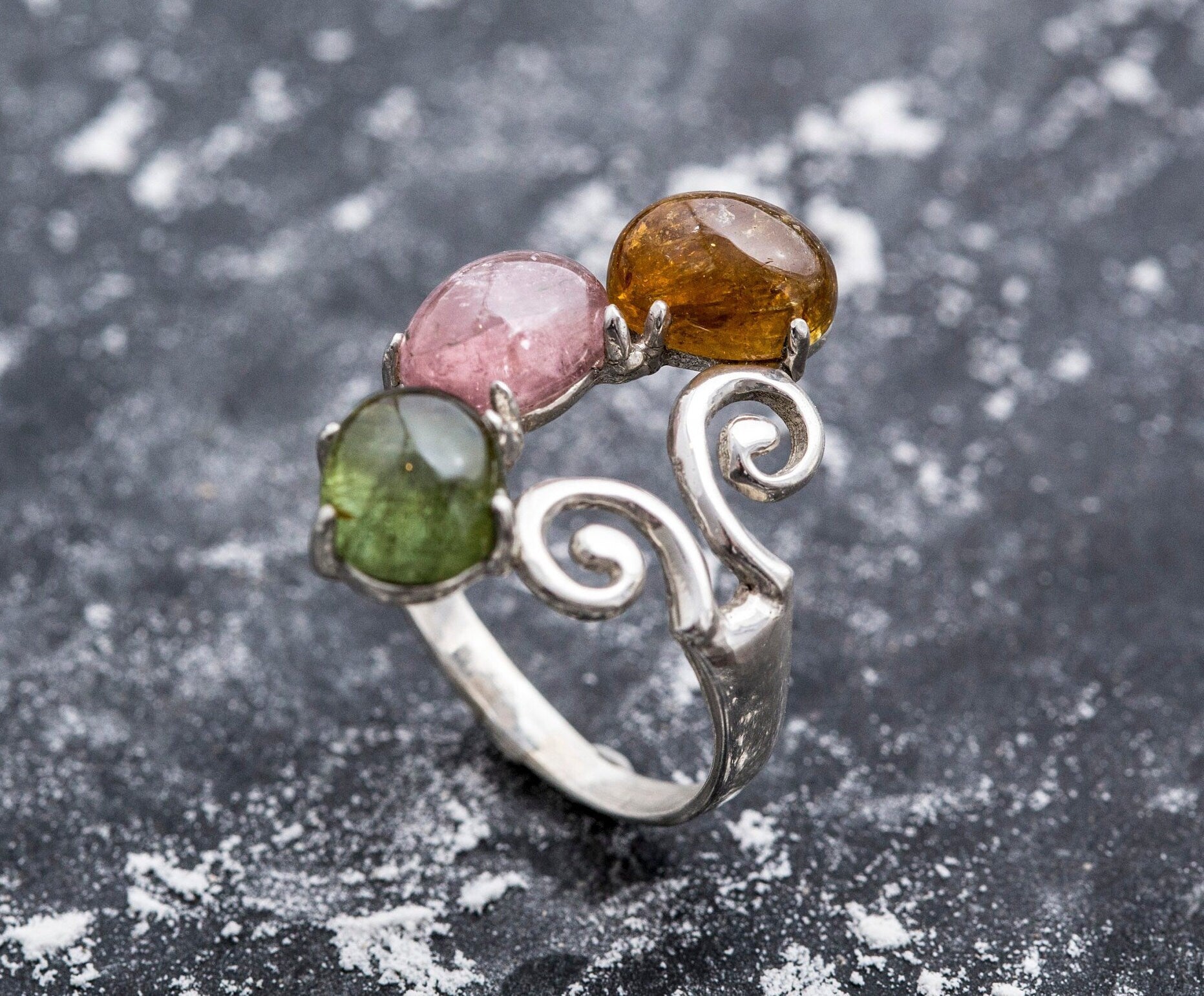 Unique Ring, Tourmaline Ring, Pink Tourmaline, Green Tourmaline, Yellow Tourmaline, Vintage Ring, October Ring, Solid Silver, Tourmaline