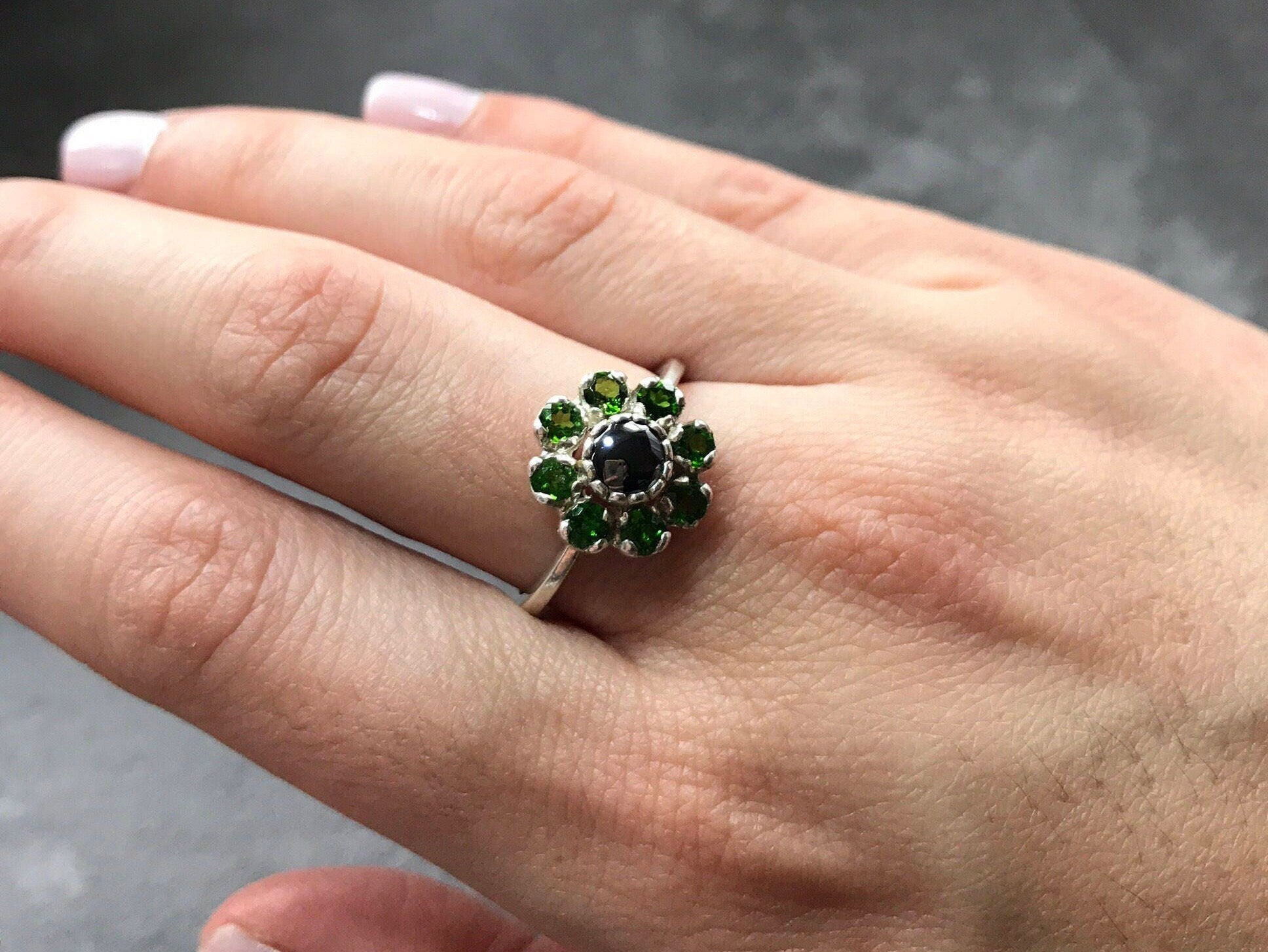 Hematite Ring, Chrome Diopside Ring, Natural Stones, Emerald Green Ring, Emerald Green Stones, Chrome Diopside, Hematite, Vintage Ring