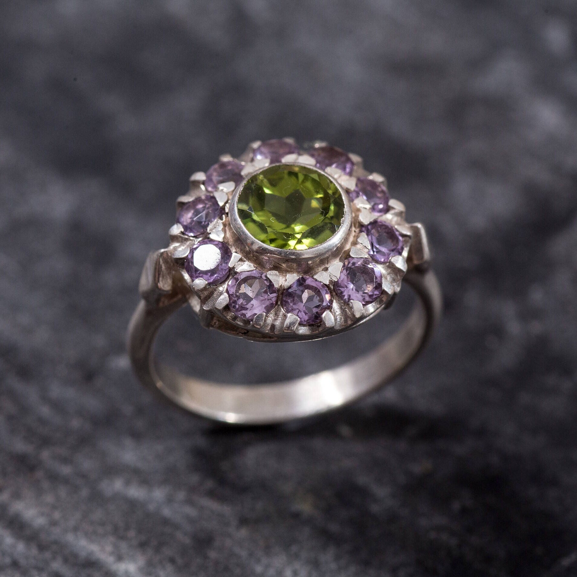 Peridot Ring, Natural Peridot Ring, Amethyst Ring, Natural Amethyst Ring, August Birthstone, Vintage Silver Ring, Victorian Ring, Peridot