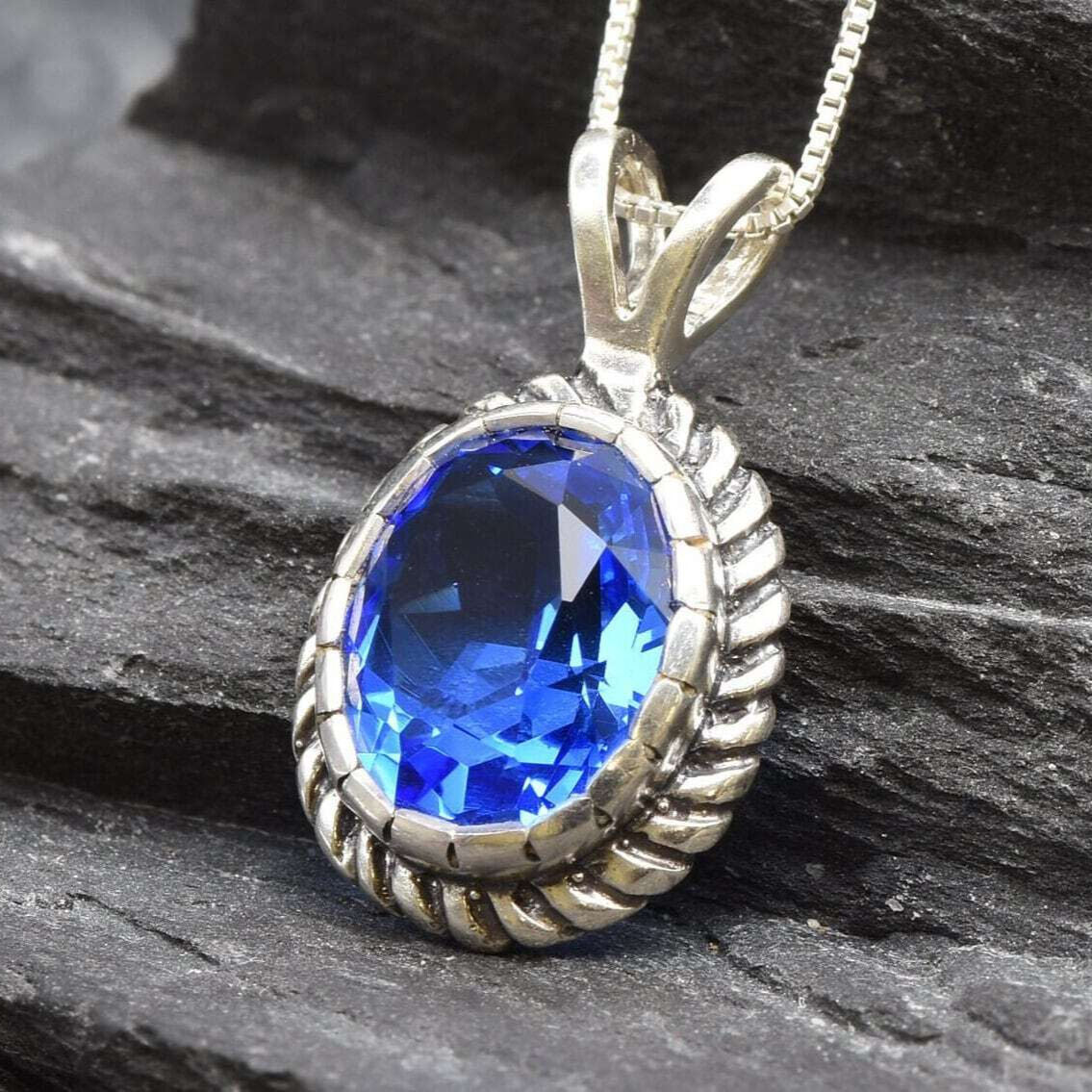 Blue Sapphire Necklace, Created Sapphire, Lavender Sapphire, Sapphire Pendant, Blue Oval Pendant, Vintage Necklace, Solid Silver Pendant