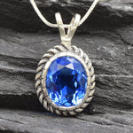 Blue Sapphire Necklace, Created Sapphire, Lavender Sapphire, Sapphire Pendant, Blue Oval Pendant, Vintage Necklace, Solid Silver Pendant