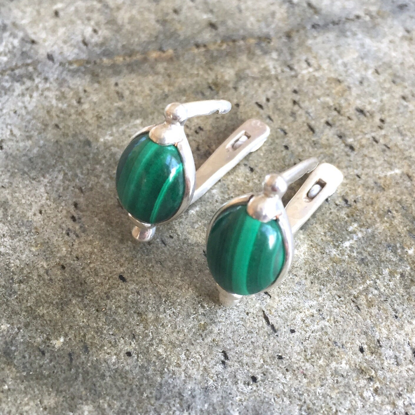 Malachite Earrings, Gemstone Earrings, Vintage Earrings, Green Earrings, Natural Gem, African Stone, Solid Silver, Silver Earrings