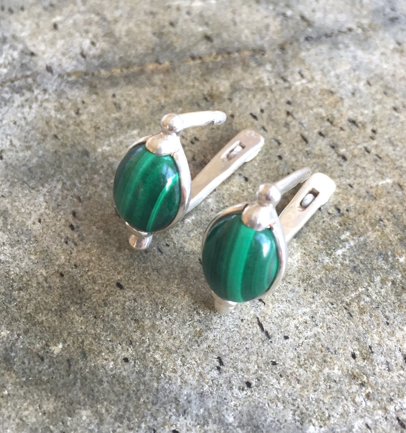 Malachite Earrings, Gemstone Earrings, Vintage Earrings, Green Earrings, Natural Gem, African Stone, Solid Silver, Silver Earrings