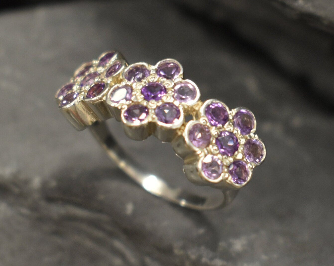 Amethyst Ring, Natural Amethyst, February Birthstone, Flower Band, Unique Vintage Ring, Purple Ring, Purple Diamond Ring, Solid Silver Ring