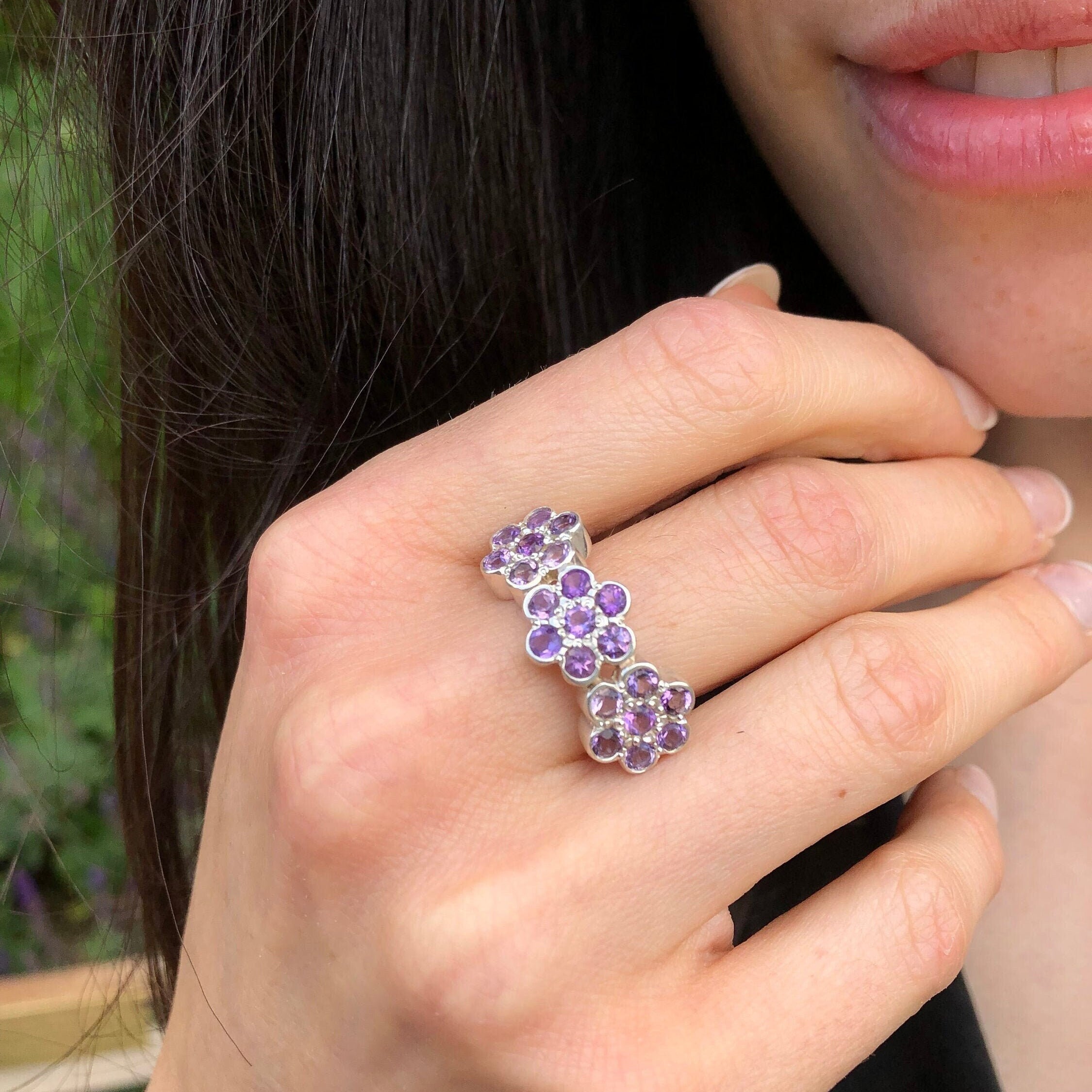 Amethyst Ring, Natural Amethyst, February Birthstone, Flower Band, Unique Vintage Ring, Purple Ring, Purple Diamond Ring, Solid Silver Ring