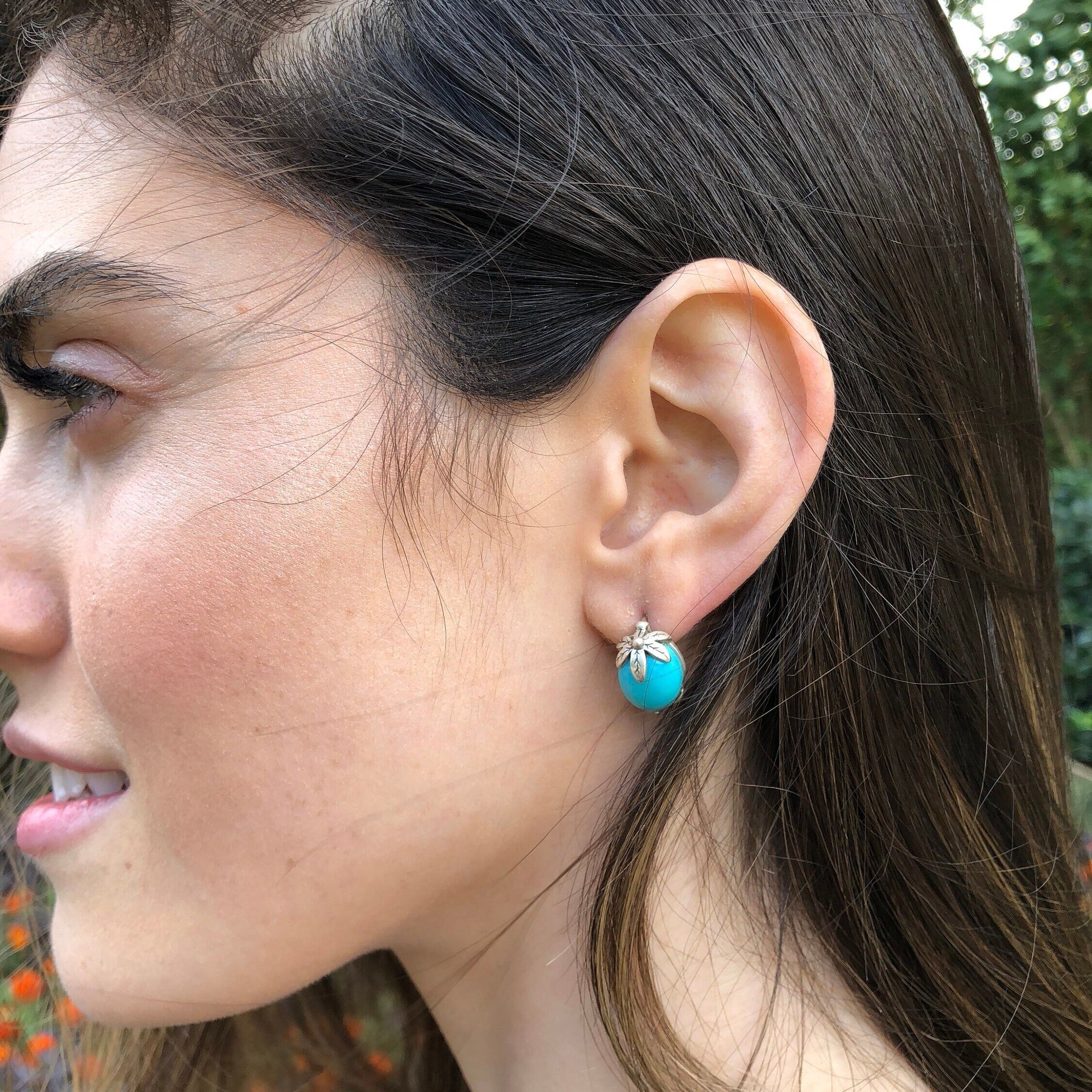 Leaf Earrings, Natural Turquoise, Blue Turquoise, December Birthstone, Vintage Earrings, Sleeping Beauty Gem, Silver Earrings, Turquoise