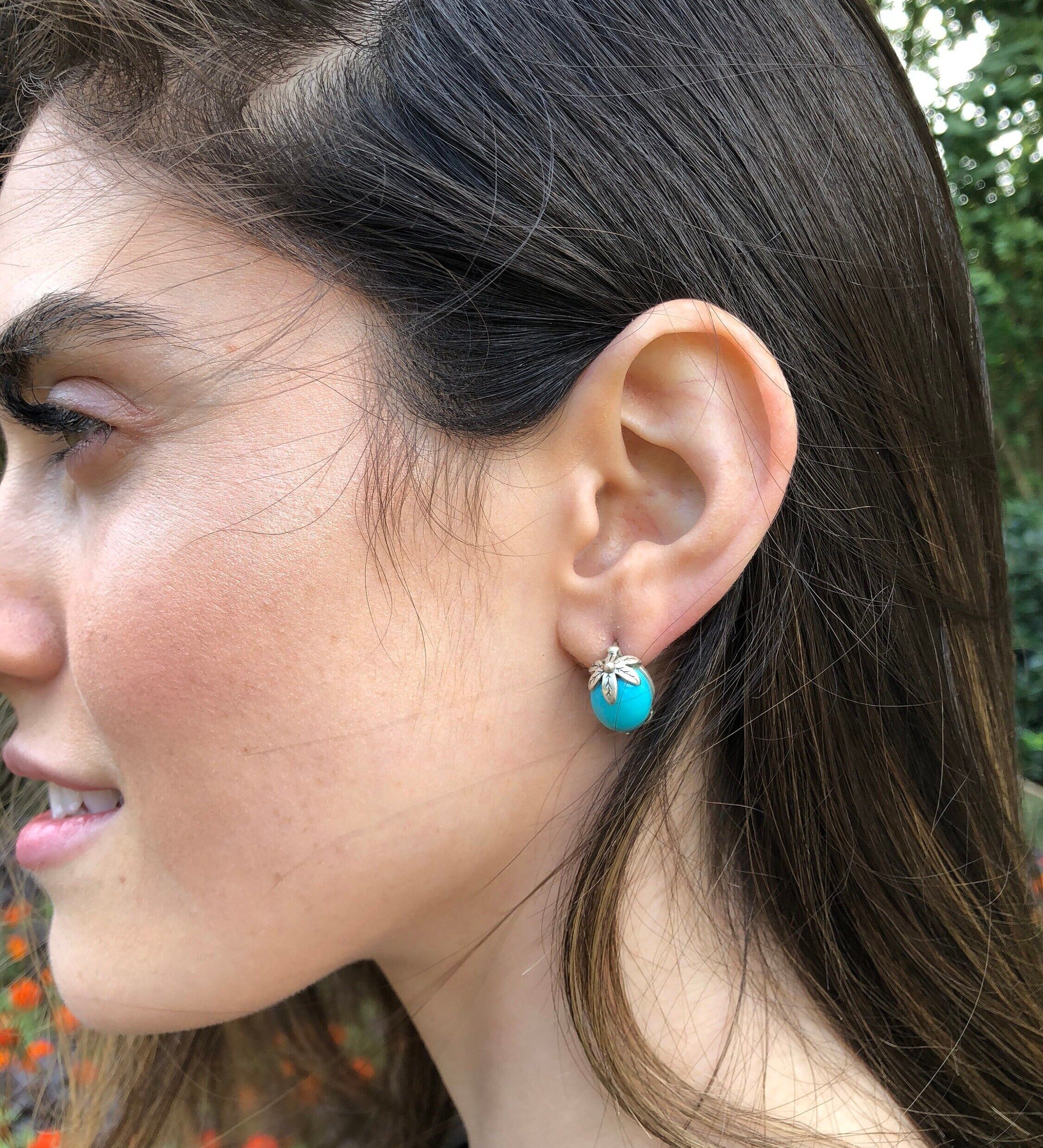 Leaf Earrings, Natural Turquoise, Blue Turquoise, December Birthstone, Vintage Earrings, Sleeping Beauty Gem, Silver Earrings, Turquoise