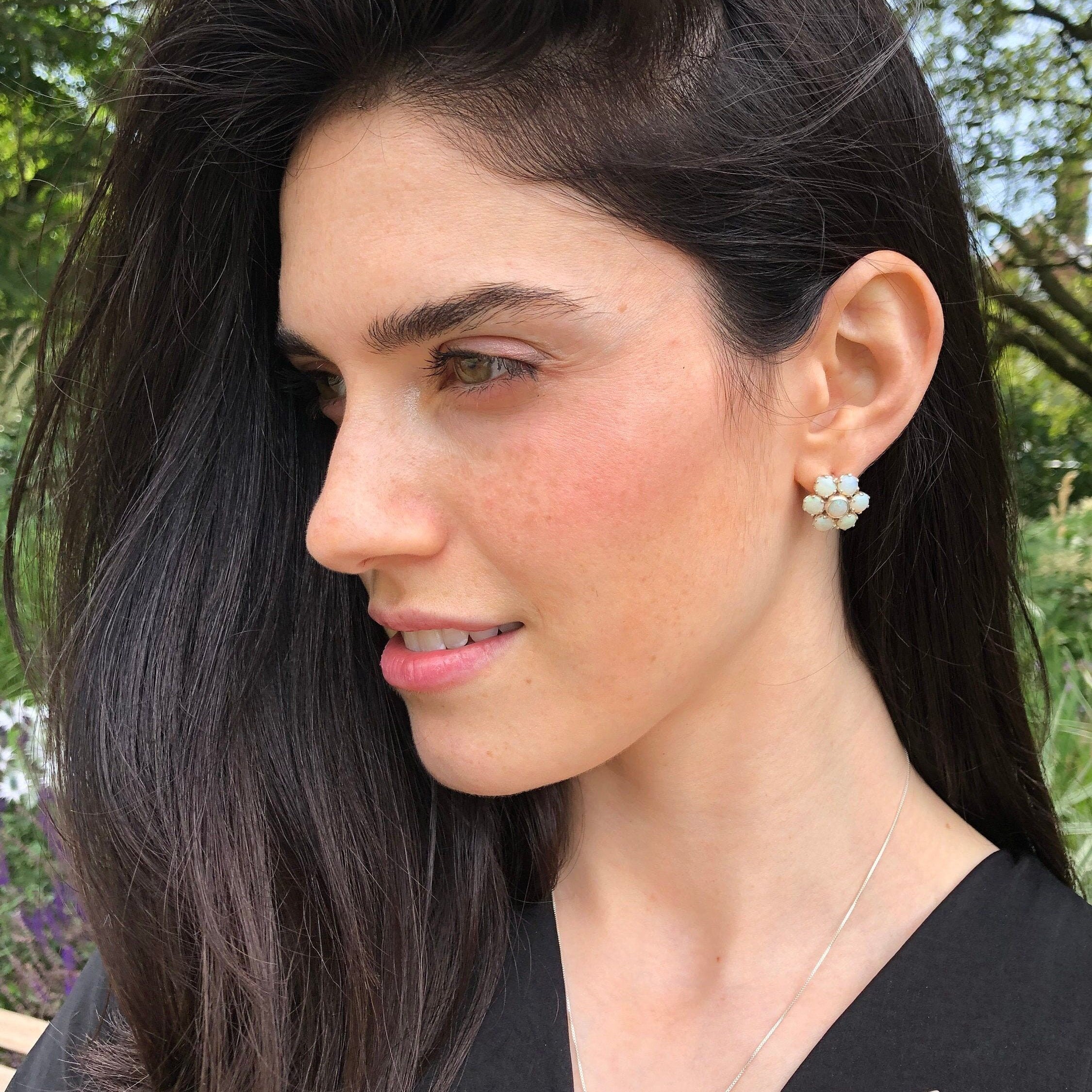 Flower Opal Earrings, Natural Opal, White Daisy Studs, Large Daisy Earrings, Fire Opal Earrings, October Birthstone, Solid Silver Earrings