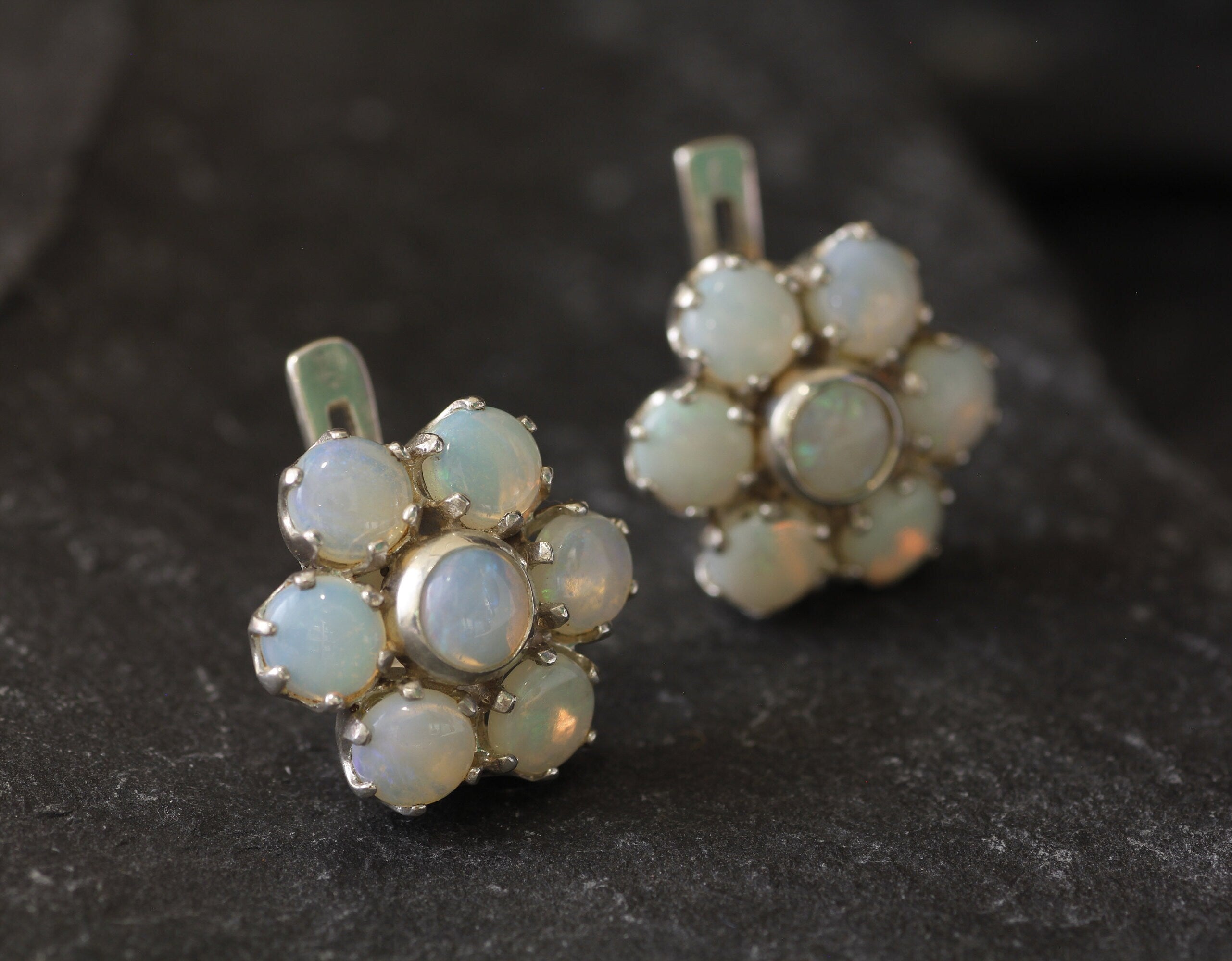 Flower Opal Earrings, Natural Opal, White Daisy Studs, Large Daisy Earrings, Fire Opal Earrings, October Birthstone, Solid Silver Earrings